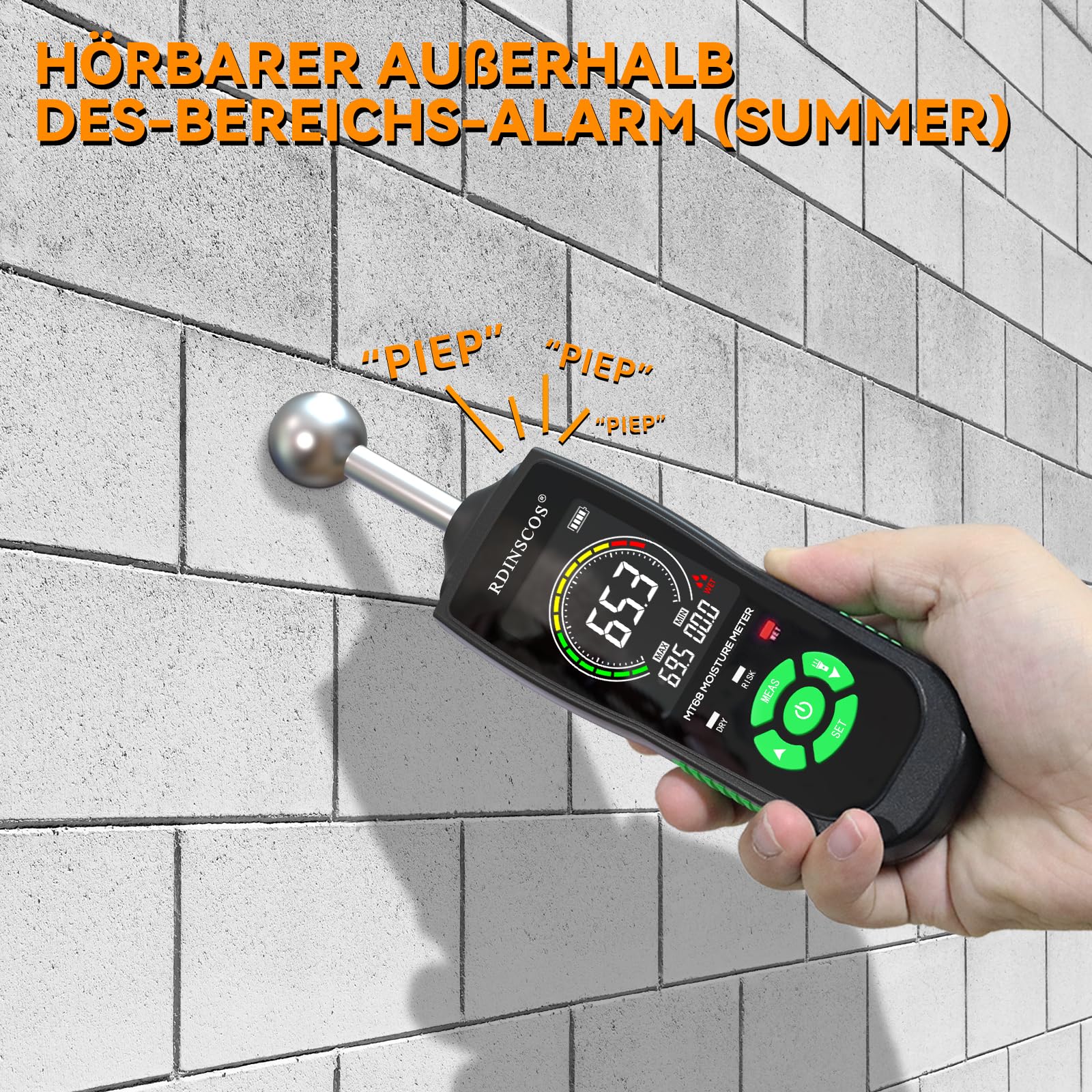 RDINSCOS Feuchtigkeitsmessgerät – Wandfeuchtigkeitsmesser und Holzfeuchtemessgerät, Zerstörungsfreie Messung, Baufeuchtemessgerät für Holz, Wand, Decke, Boden, Wohnmobil