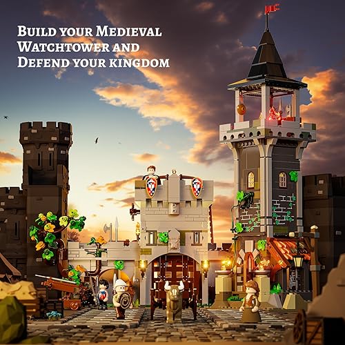 Miniatura 6 de FUNWHOLE Juego de ladrillos de construcción de iluminación medieval de la Watchtower  Castillo de guarda con minifiguras de soldado granjero