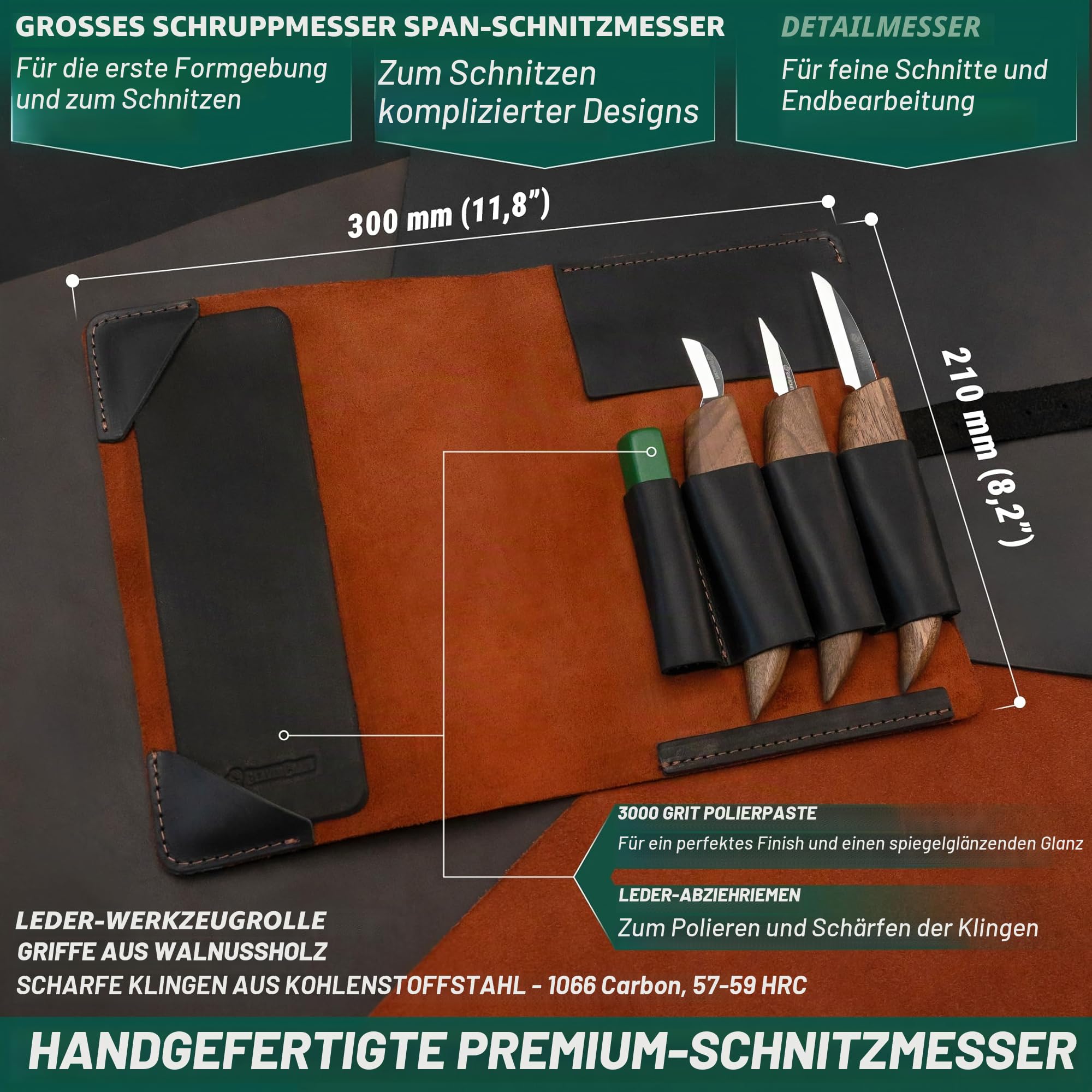 BeaverCraft Holzschnitzset Deluxe Holzschnitzmesser Set S15X - Holz Schnitzwerkzeug und Leder Streichriemen zum Schärfen mit Poliermittel - Schnitzmessern, Hohlbeitel, Meißel