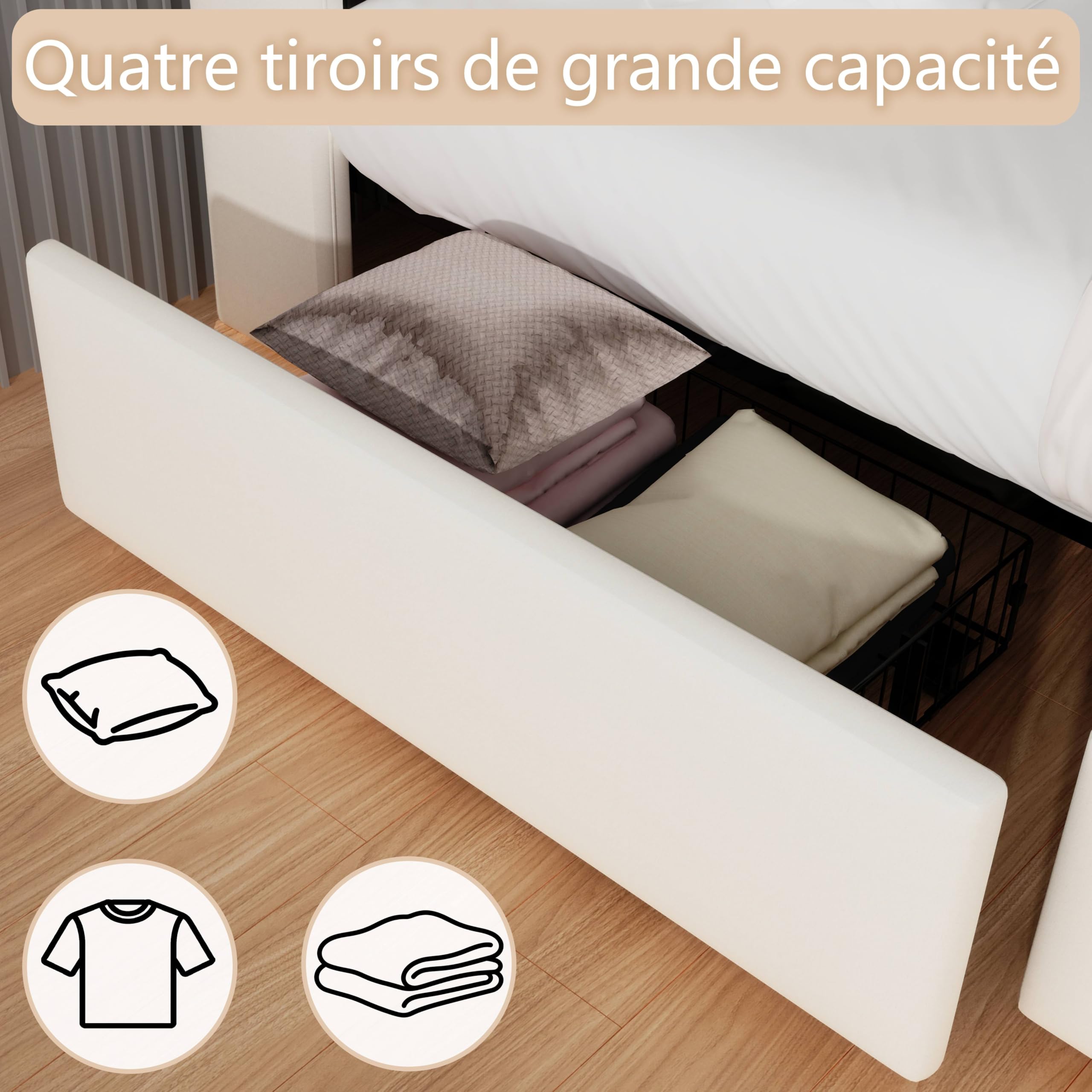 Letto Imbottito Moderno con Illuminazione LED, Altoparlante Bluetooth, 4 Cassetti di Archiviazion, Tessuto in Velluto con Ricarica USB/Type-C,160x200 cm, Beige