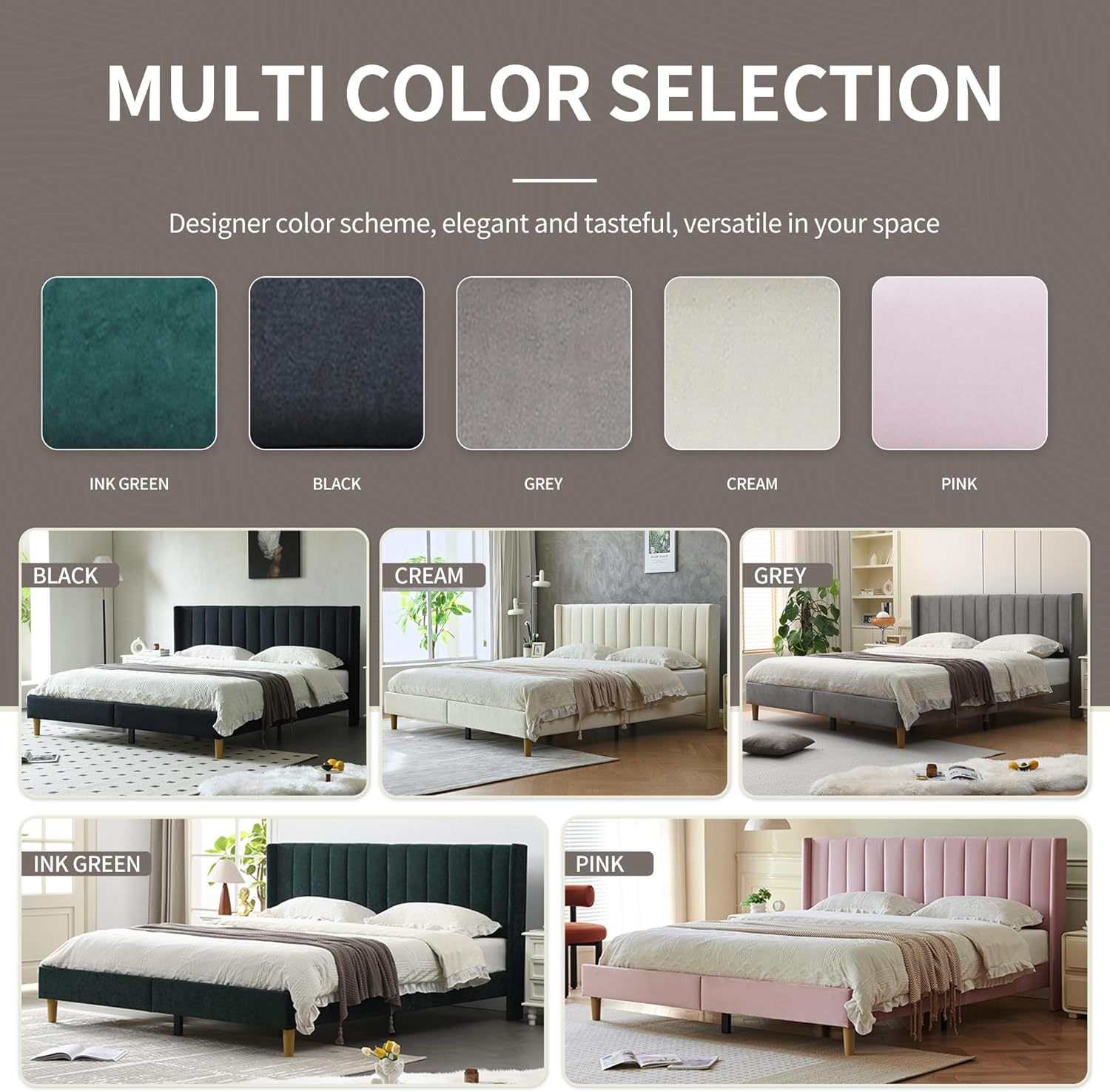 YUHUASHI upholstered Platform Bed Frame/King Bed Frame/Modern Geometric Double-Wing Design headboard/Velvet Fabric/Easy to Assemble no Noise (Cream, King (U.S. Standard)) - Image 8