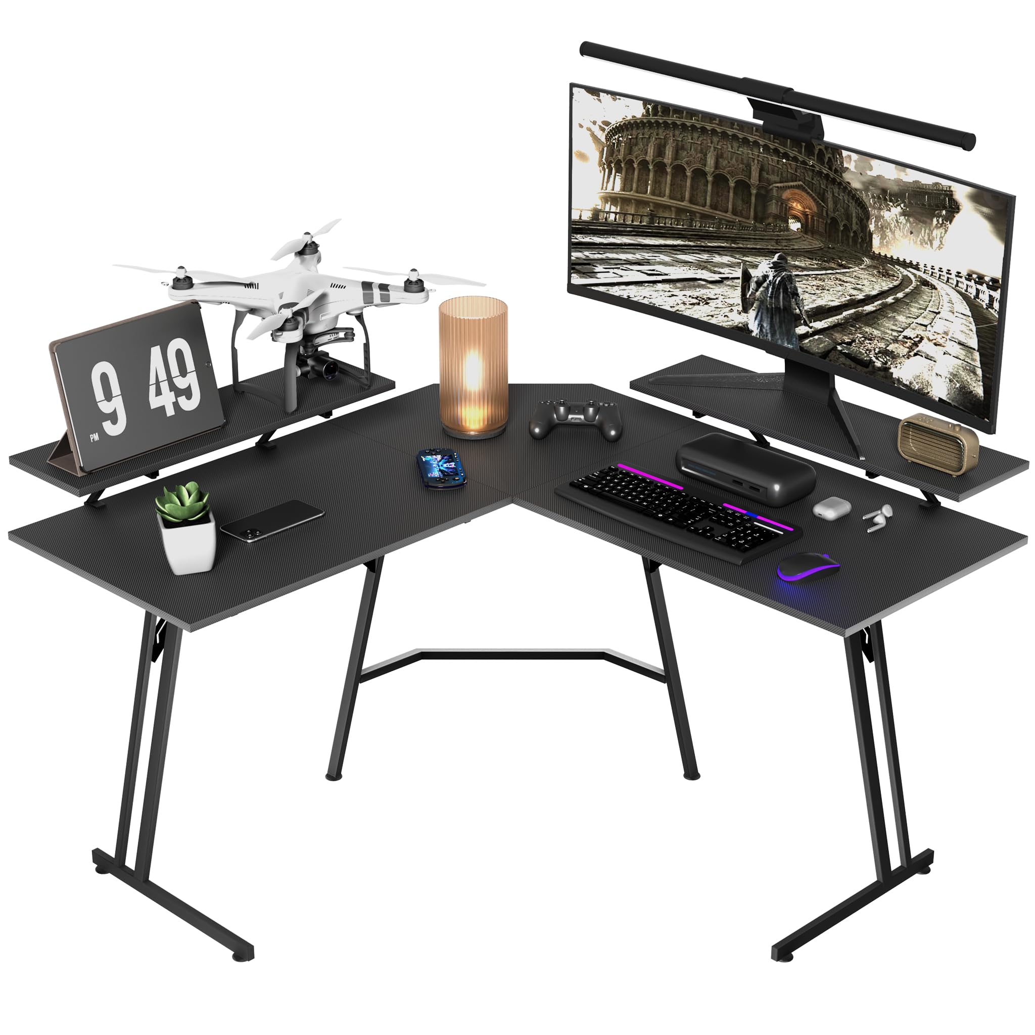 XMTECH Mesa de gaming, 120 x 50 x 73 cm, escritorio para ordenador con 2 soportes de monitor, escritorio para juegos en forma de L, mesa para PC con superficie de fibra de carbono, color negro
