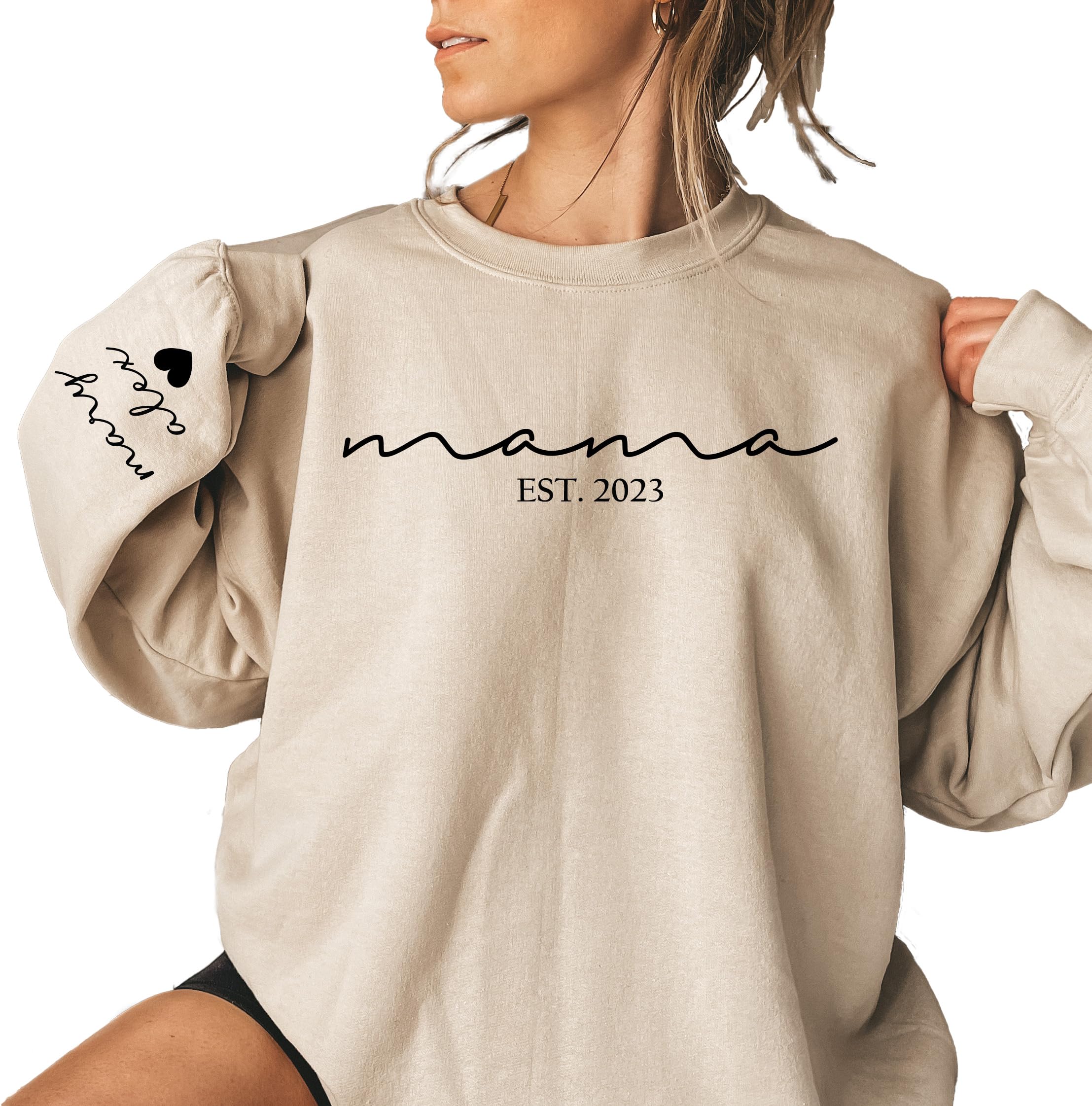 HandmadeCustom Mama Sweatshirt with Kid Names on Sleeve Personalized Mom Sweatshirt for Women for Mom Sweater Est 2025 Multicolor