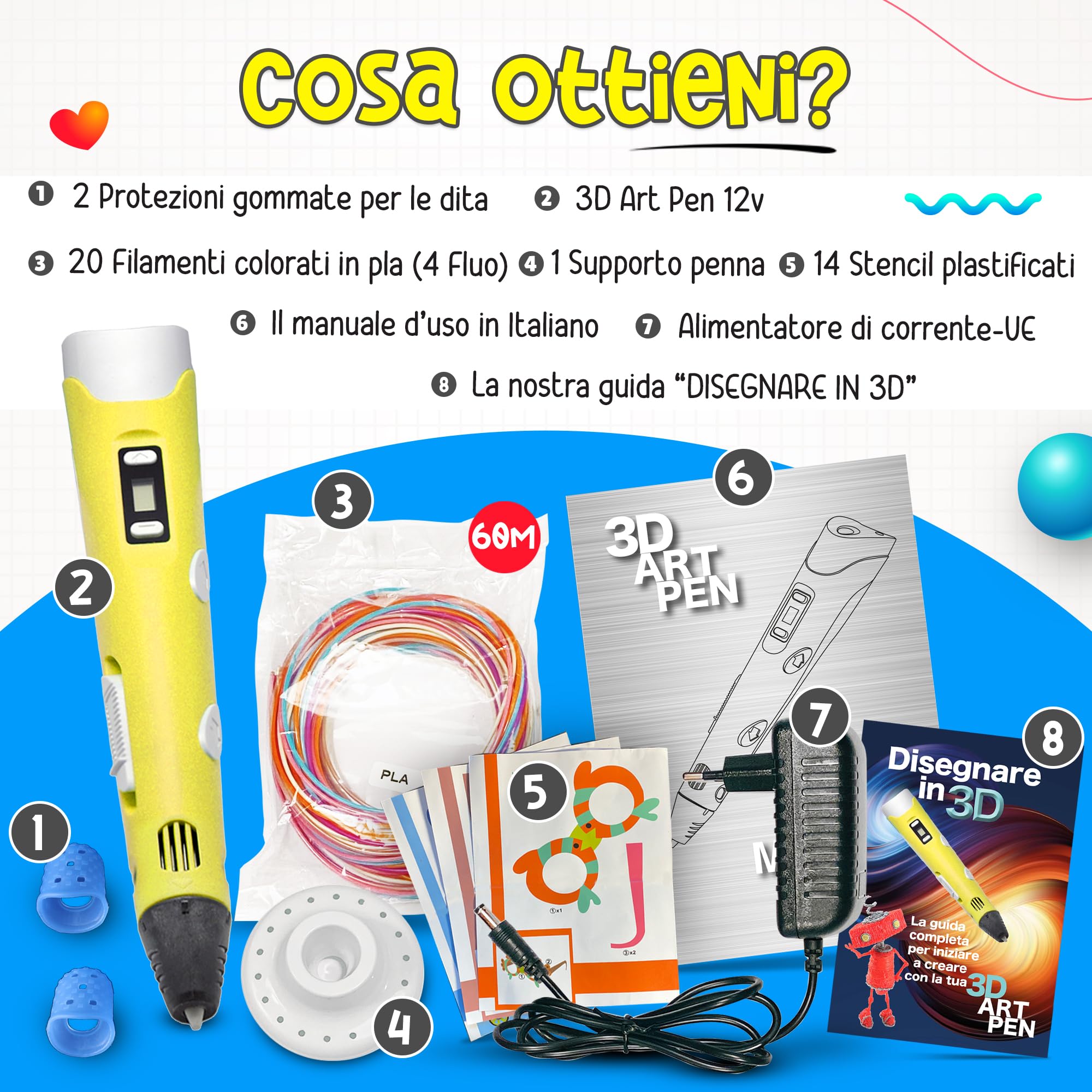 The Italian Home® Penna 3D Plus + Filamenti PLA 20 colori (4 Fluoerescenti) + Istruzioni in Italiano e Guida illustrata in Omaggio, Penna 3D Professionale, Cose utili, Idee Regalo