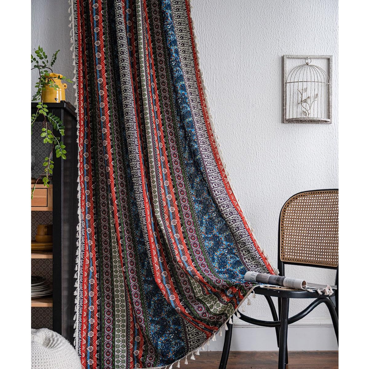 Tokusyou Bohemian Gardinen Vintage Boho Vorhang Landhausstil Leinenoptik Baumwolle Ethno Rot Halbtransparent Vorhänge mit Quaste Rod Pocket für Wohnzimmer Schlafzimmer 1 Stück B150×H160cm