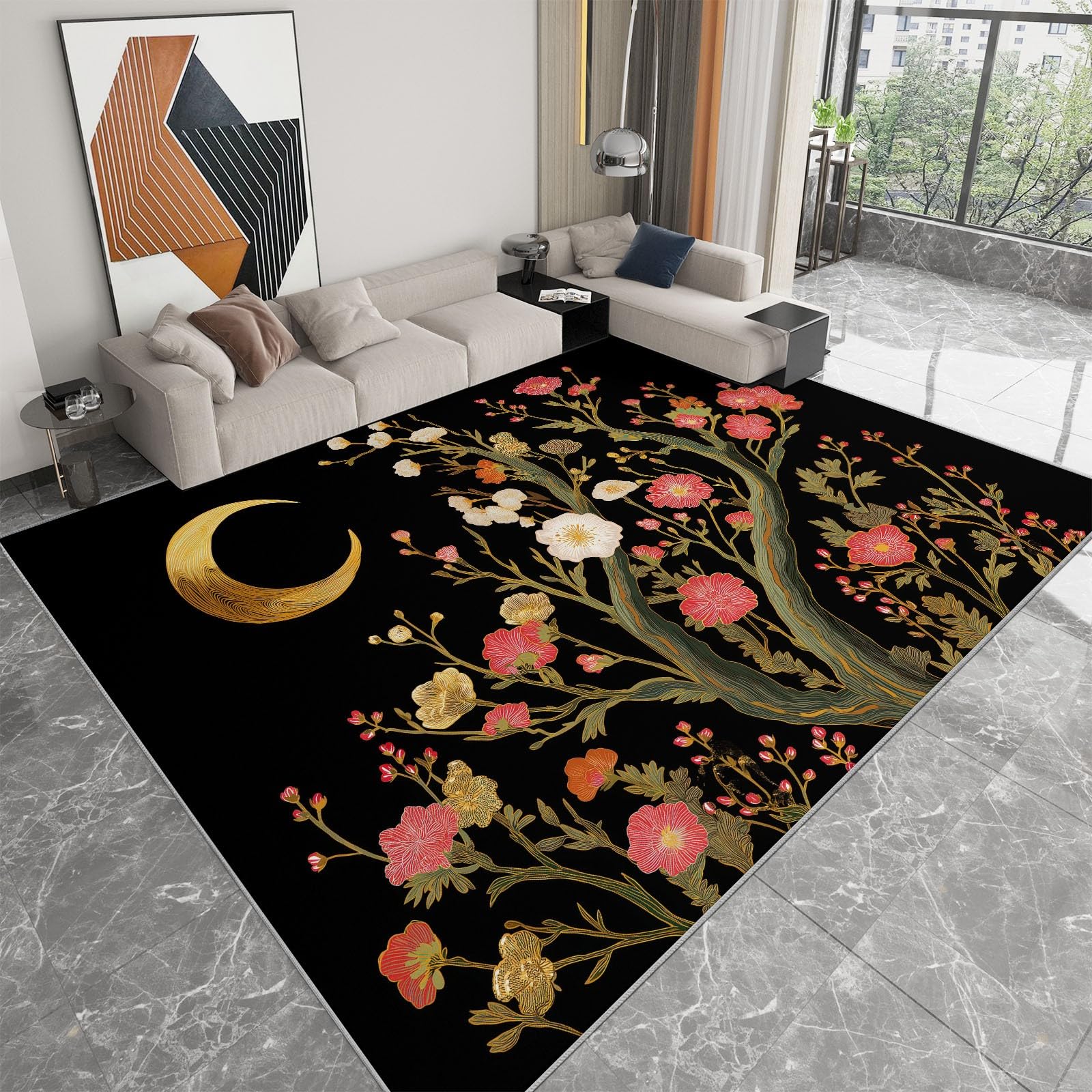 Tapis Salon Lune Fleurs Branches 80x150cm Tapis Poils Courts Doux Antidérapant, Décorer Intérieur Moderne pour Chambre Cuisine Salle à Manger Bureau