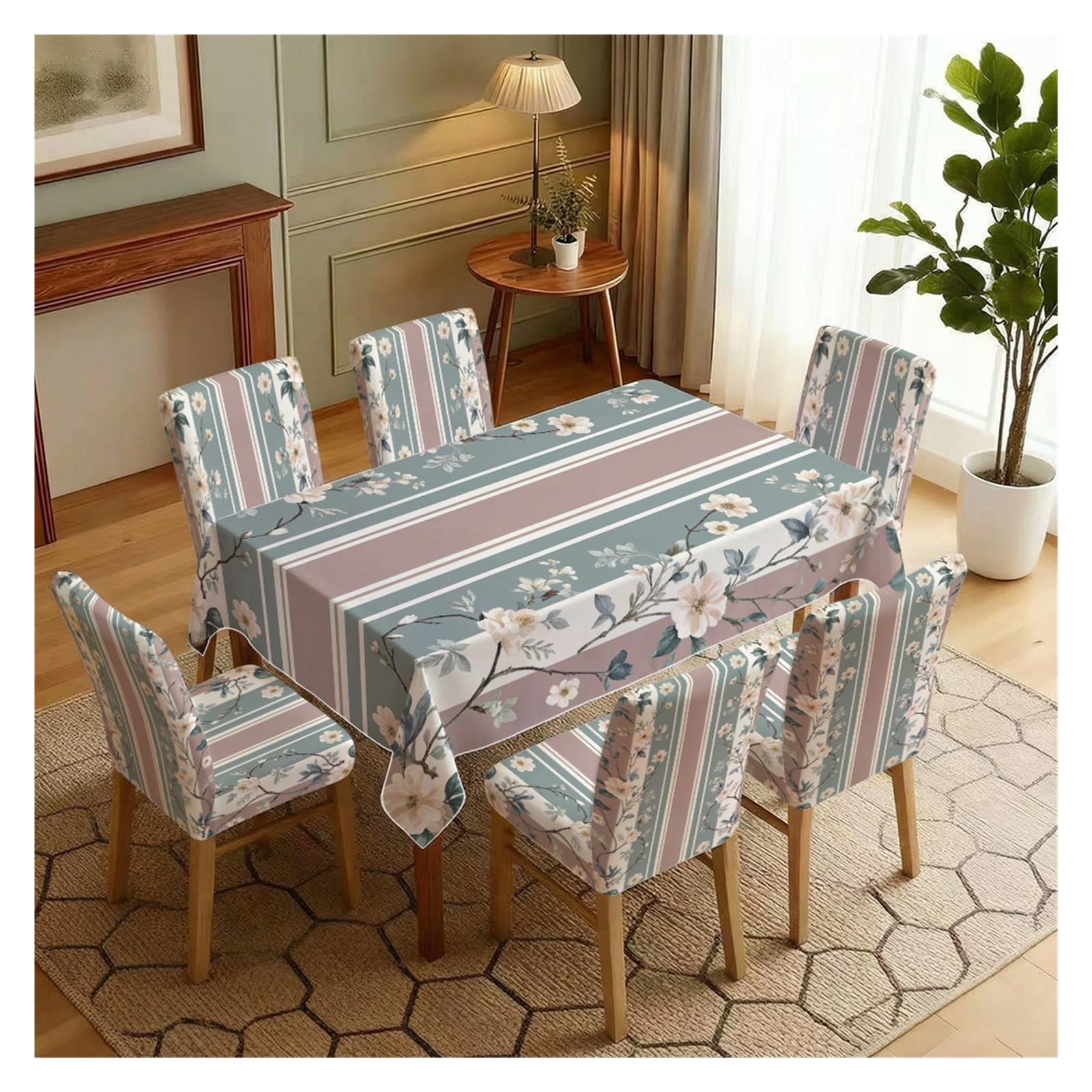 Dusty Pink Sage Stripe White Blossom Dining Chair Covers & Tablecloth Set, 5/7 Piece Muted Vintage Floral Slipcovers For Cottage Farmhouse Decor Table Setting(7pcs Set: Tablecloth+Chair Covers)