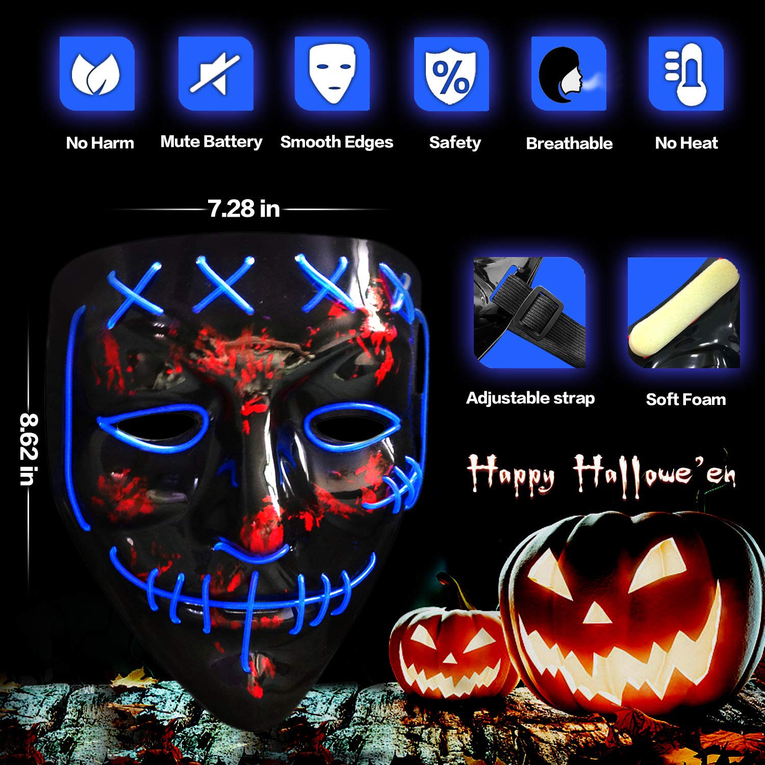 Halloween Scary Purge Costume Mask Light Up LED Cosplay Creepy Masks