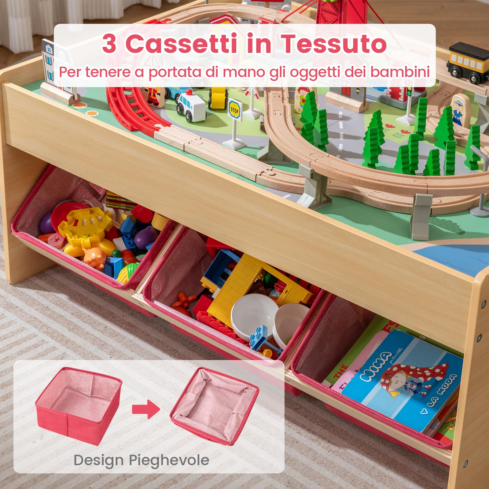 RELAX4LIFE Tavolo con Set Treno in Legno da 92 Pezzi, Tavolo Gioco Multifunzionale con Superfici Reversibili, 3 Contenitori Pieghevoli in Tessuto, Binari, Macchinine, Set Treno per Bambini da 3+ Anni