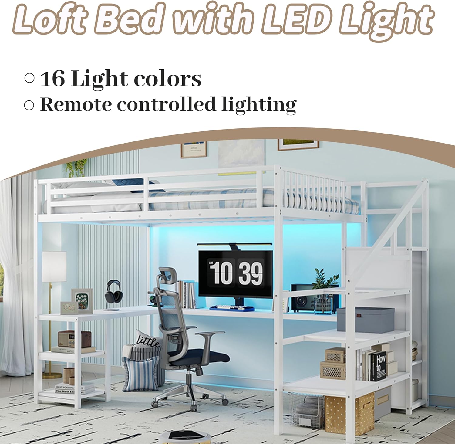Queen Size Loft Bed with Desk and Stairs, Metal Loft Beds Frame with Storage and LED Light, Bed Desk Combo, Gaming Loft Bed with Wardrobe and Adjustable Shelf, for Kids Teens Adults, White