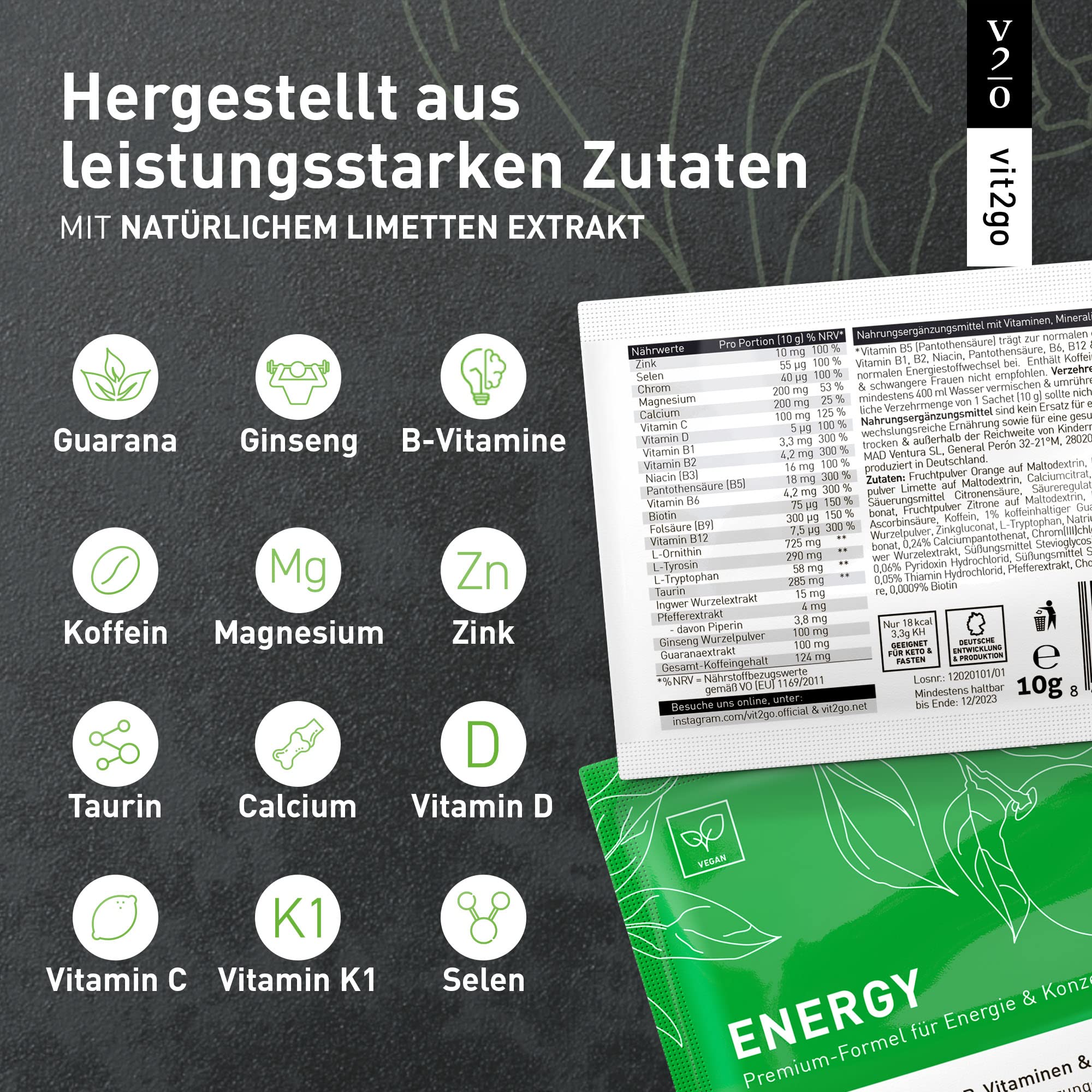 ENERGY (30 Beutel) - Energy Drink Pulver (124 mg), Guarana und Taurin, ist dein idealer Booster Energy Drink für einen sofortigen Energieschub.