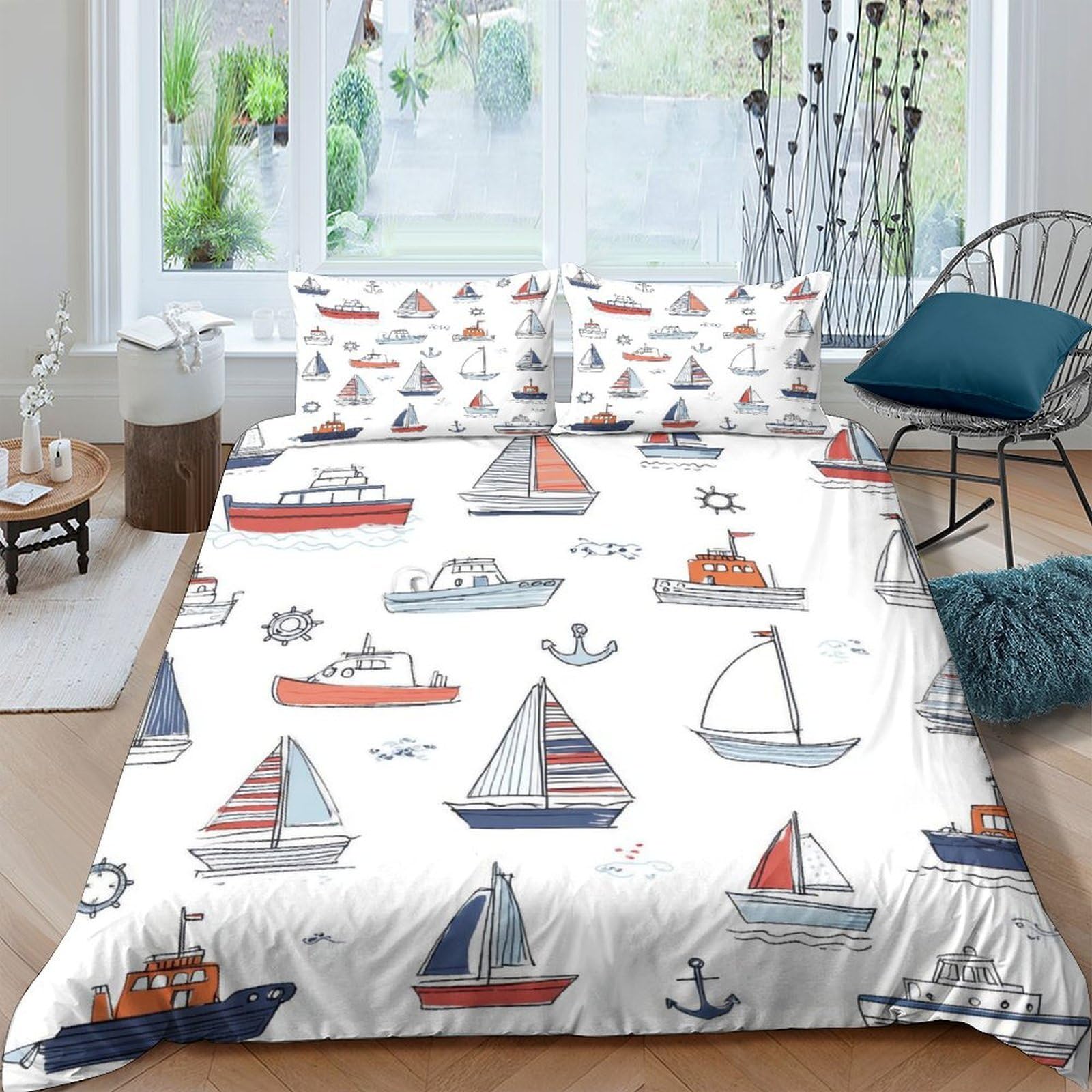 Ctjqhvkz Style-8 3D Printed Nautical Boats Fitted Sheet Microfiber Soft Breathable Sailboat Mattress Cover Bedroom Decor Single（135X200cm）