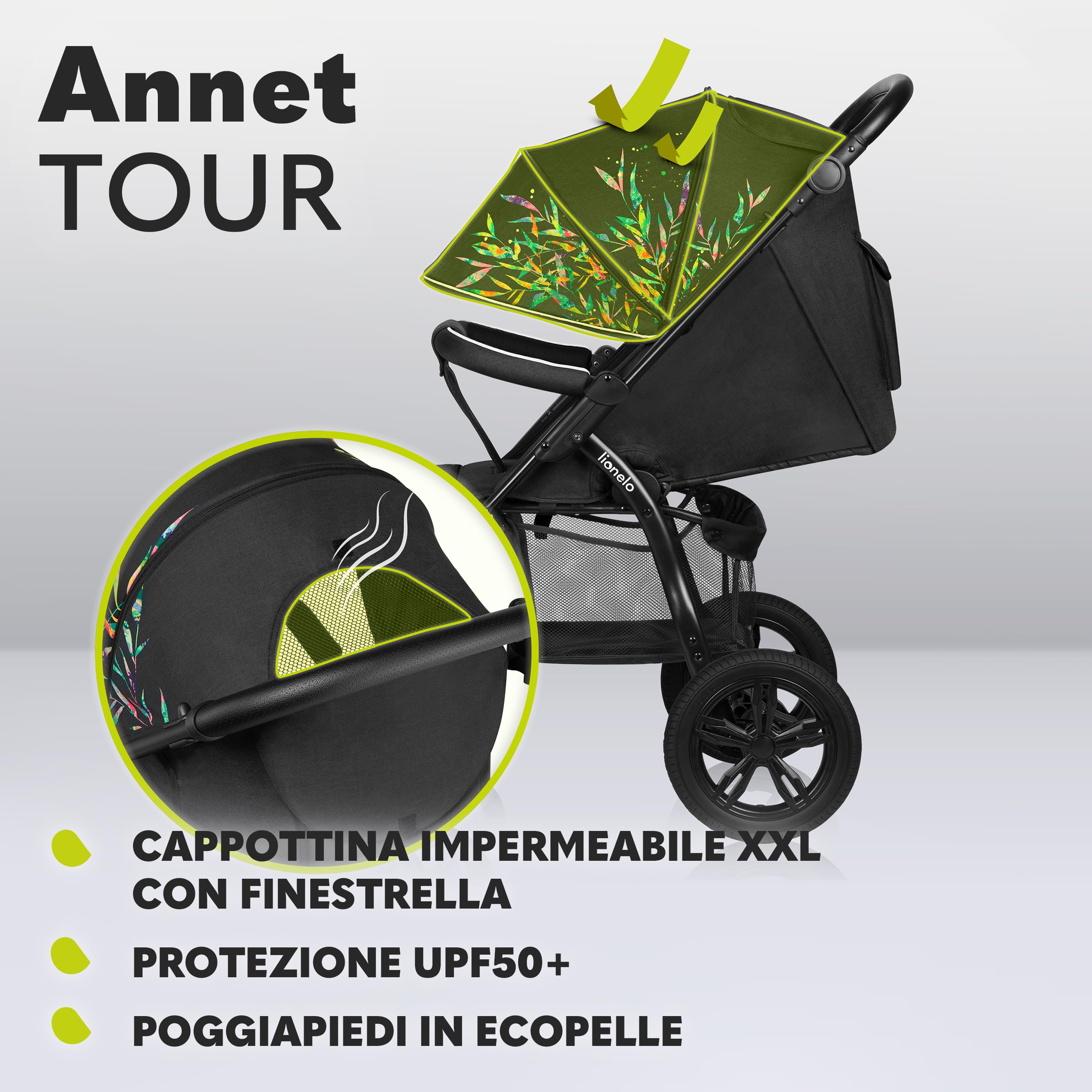 LIONELO Passeggino compatto per bambini dalla nascita fino a 22kg Pieghevole Completa regolazione Posizione sdraiata Cinture 5punti Grandi ruote Ammortizzazione Cappottina XXL (DREAMIN, ANNET TOUR) | , Posizione Sdraiata, Cinture a 5 Punti, Grandi Ruote A