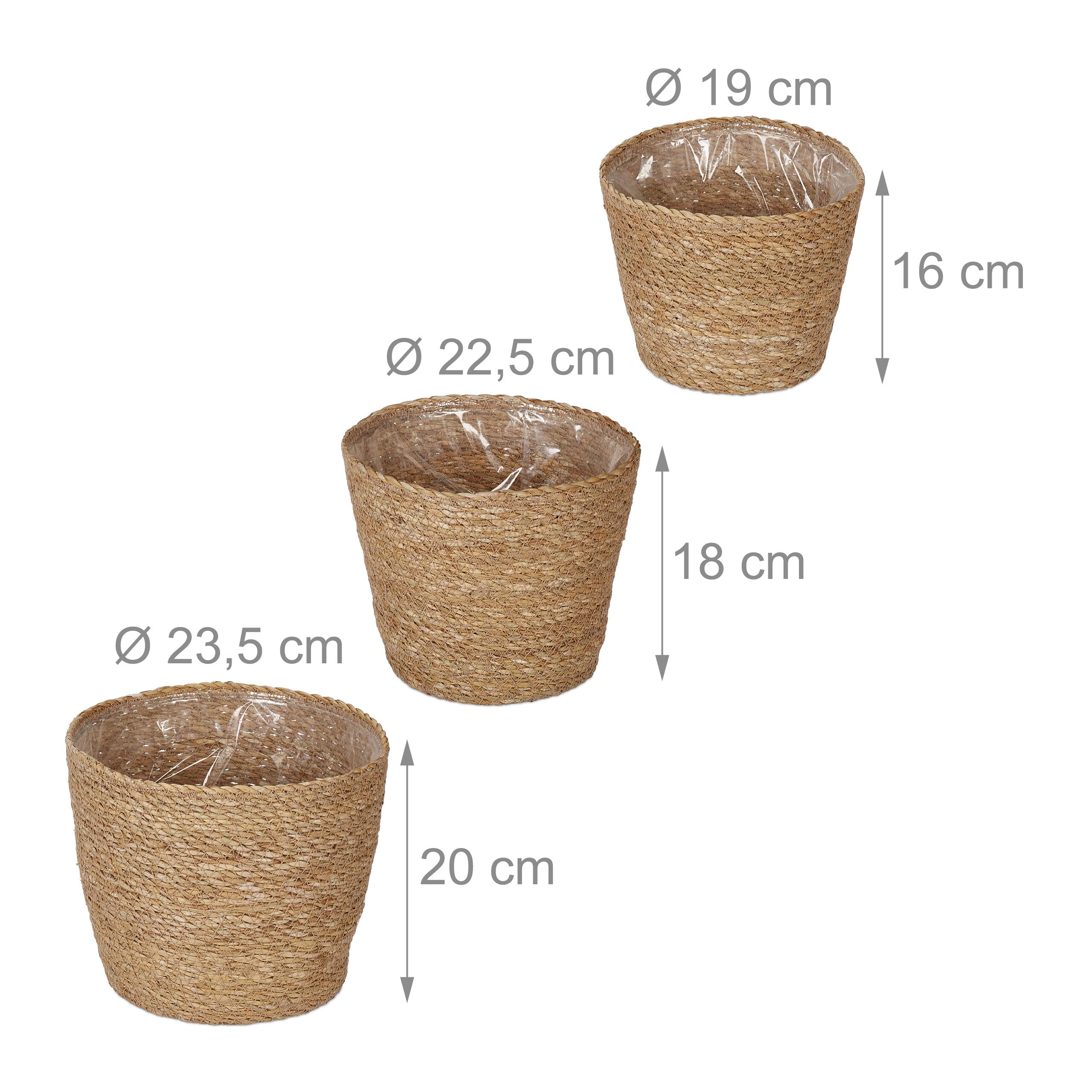 Relaxdays Pot de Fleur en zostère, Lot de 3, pour Herbes, Plantes & Fleurs, 3 Tailles, Cache-Pot, Film Plastique, Nature