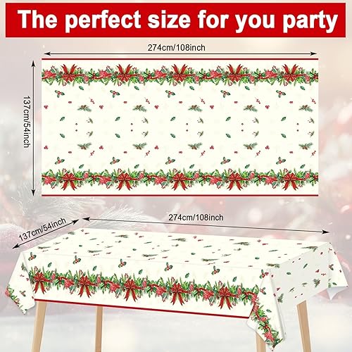 Miniatura 2 de Mantel de fiesta de Navidad con acebo y cono de pino, 3 piezas, mantel rectangular de 108 x 54 pulgadas, rectangular, impermeable, decoración para
