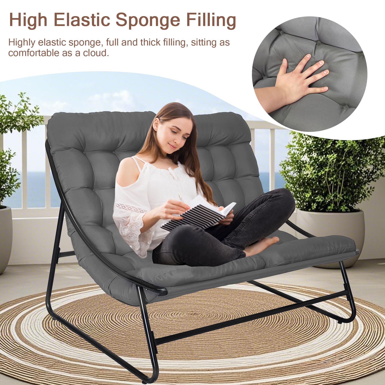 Sillón de salón para exteriores, sillón doble para exteriores, con cojín de 8 cm extraíble, tumbona de jardín para 2 personas, sillón de relax para jardín, terraza (negro/con 2 taburetes)