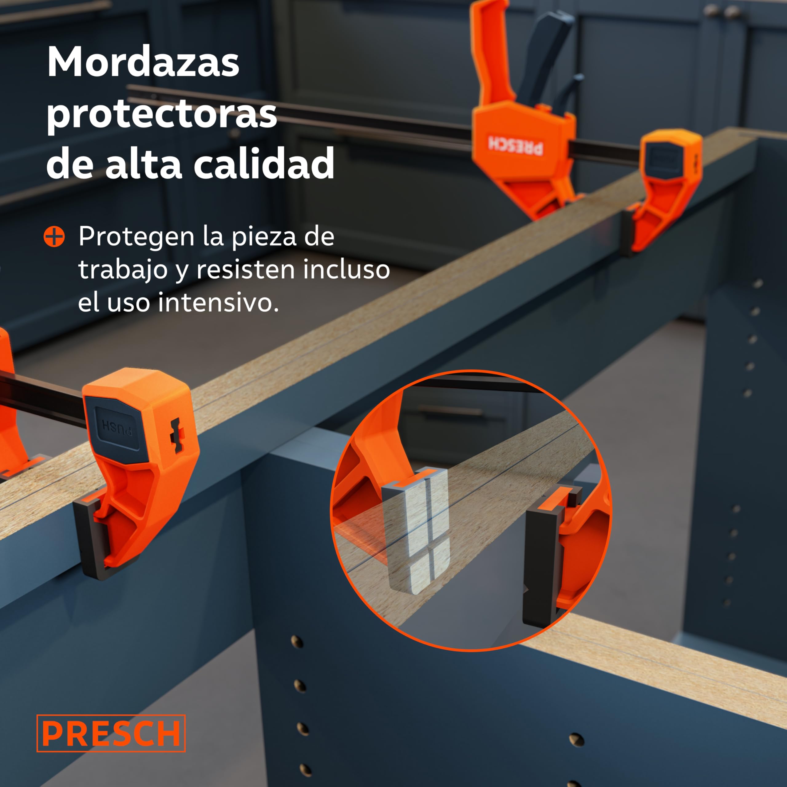 Presch Sargentos Carpintero 450mm 2 uds - Sargentos de apriete con 150 kg fuerza de sujeción - Robusto gracias al acero al carbono y al cuerpo reforzado con fibra de vidrio - Con función de expansión