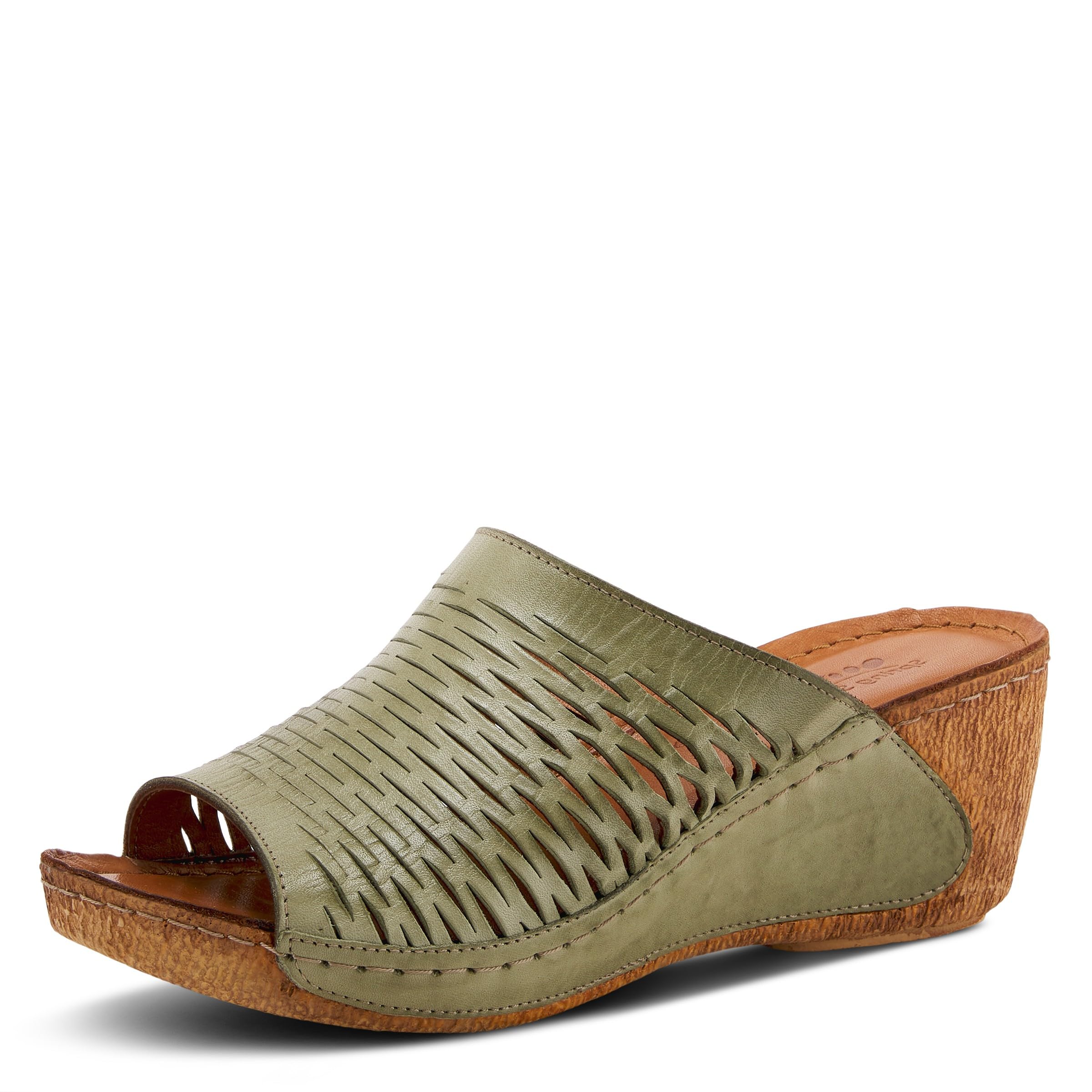 Spring Step Cunacena Women's Leather Slip On Wedge Sandal | Low Heel Sandals for Women with Die Cut Lattice, Stretch Upper, Breathable Lining