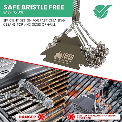 Miniatura 3 de Cepillo y raspador para parrilla de fuego, sin cerdas, raspador de acero inoxidable de alta calidad y cepillo de alambre triple hélice, mango