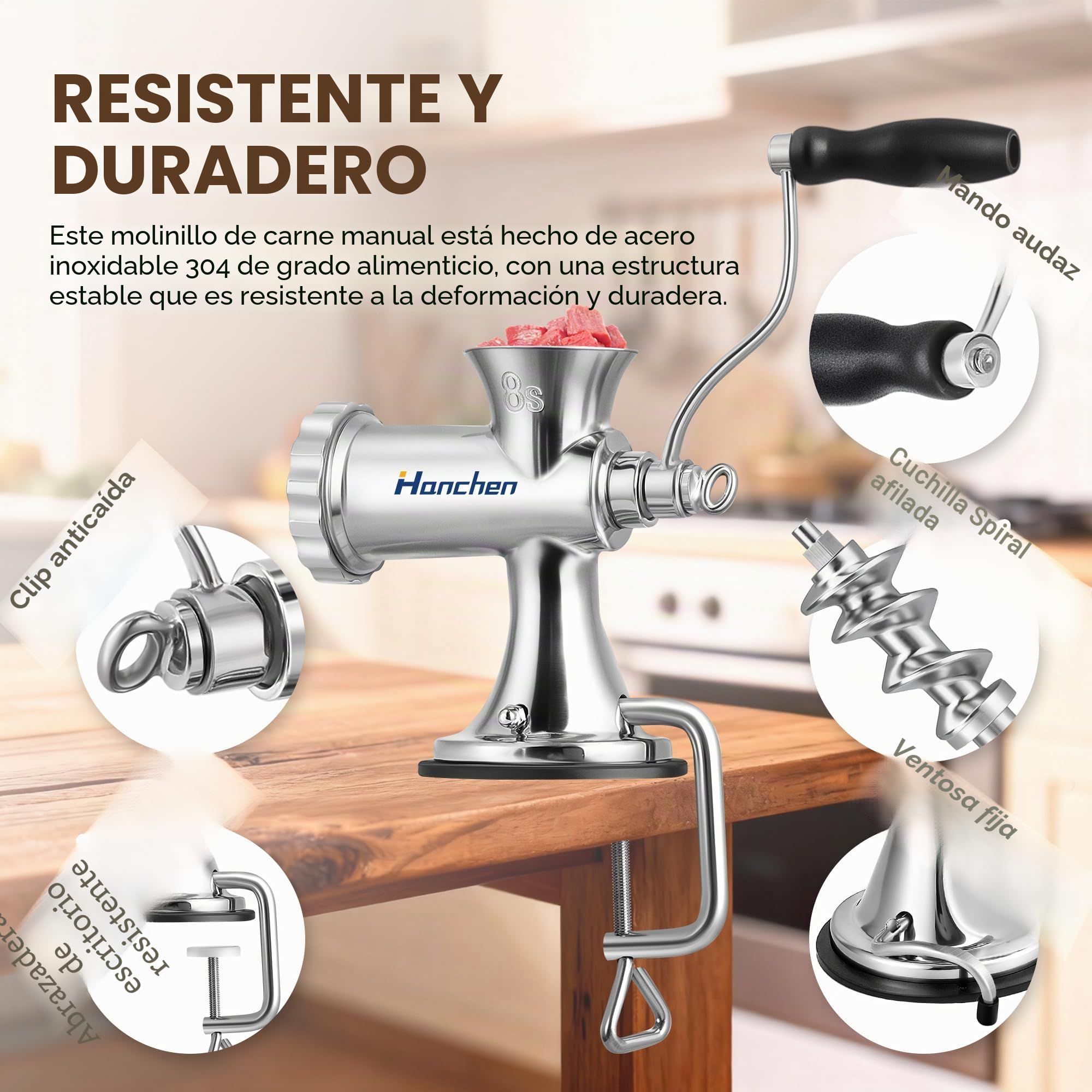Hanchen Picadora de Carne Manual Acero Inoxidable Máquina de Picar Carne Doméstico y Comercial Embutidora de Salchichas con 2 Discos de Corte para Cerdo Pollo Ternera Verduras