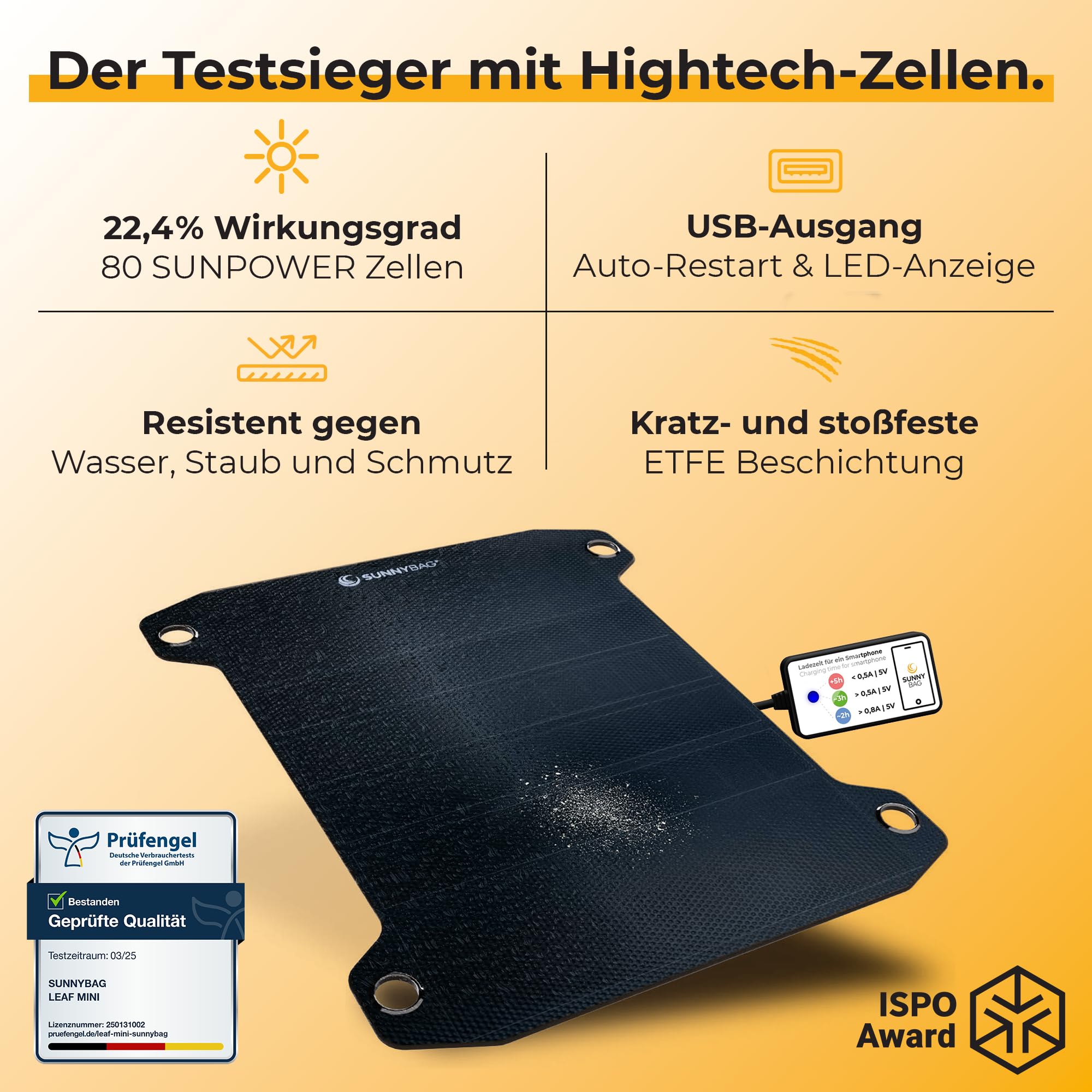 Sunnybag Solarpanel Leaf PRO 7,5 Watt [Ultraleicht, Flexibel, Tragbar, Wasserfest] - solar ladegerät mit USB-Port für Smartphone & Powerbank - Solar Camping - Inkl. USB-C Kabel mit Leistungsanzeige