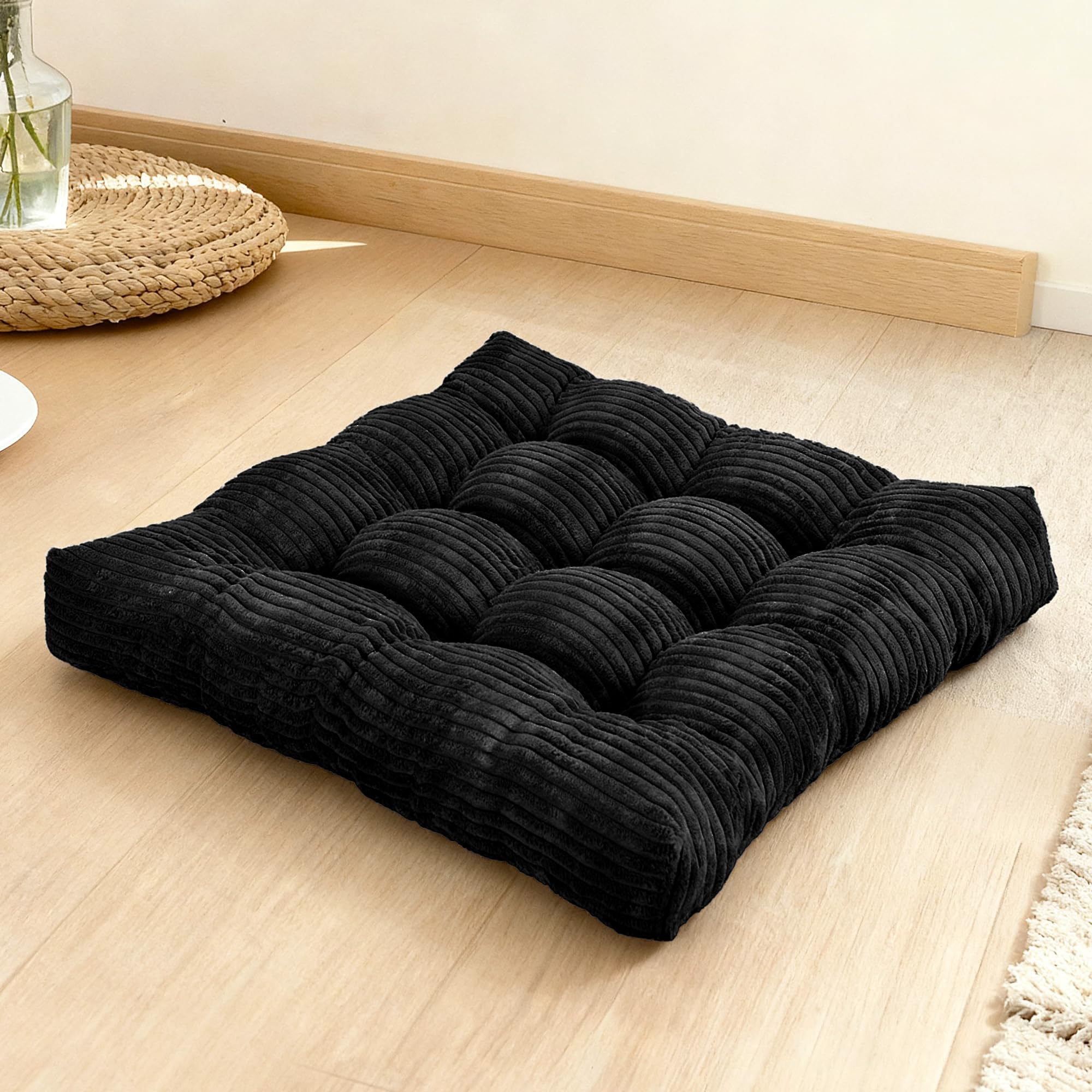 Meditation Floor Pillow Set,Memory Foam Meditation Cushion for Adults Sitting, Large Square Thickened Seat Cushions for Yoga, Tatami Living Room (1, Black)