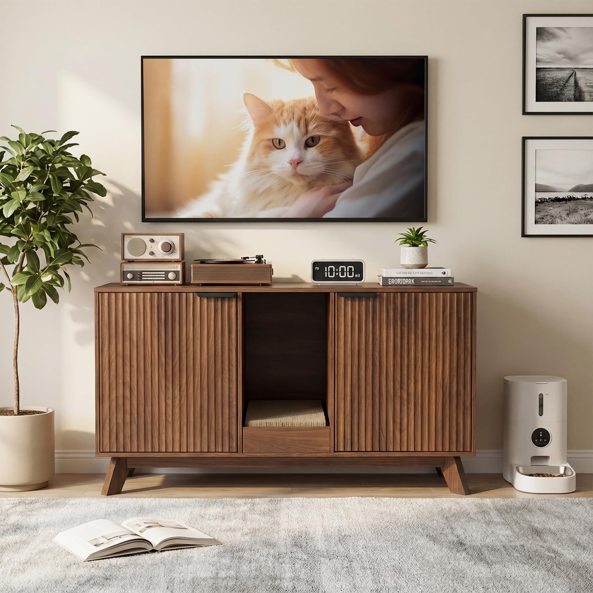 Double Cat Litter Box Enclosure for 2 Cats,Fluted Hidden Litter Box Furniture with Litter Collector & Scratch Pad,47" Large Enclosed Cat Cabinet,Cat House,TV Stand,for Living Room,Walnut - image 7