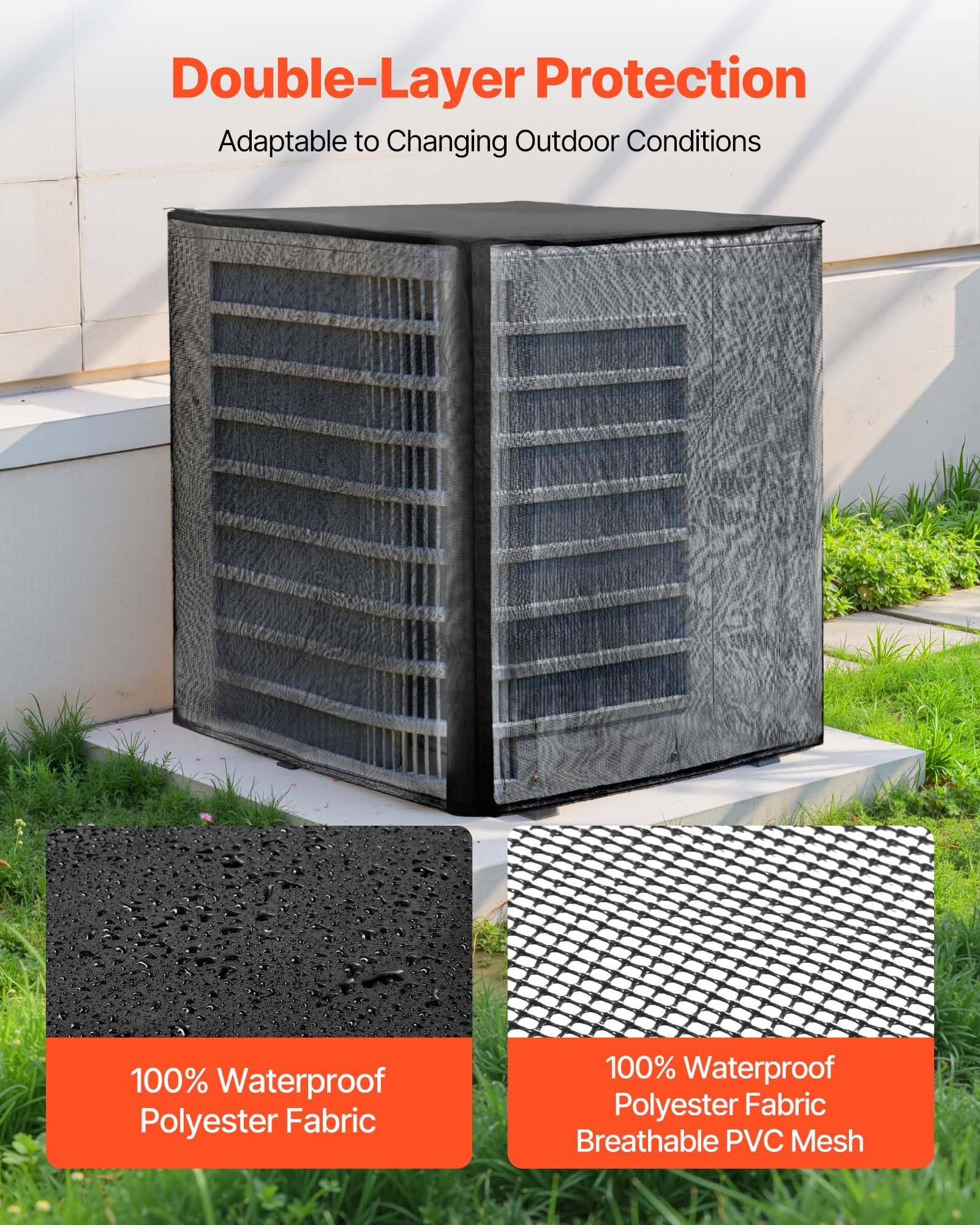 VEVOR Funda Protectora para Aire Acondicionado de Exterior, 812 x 812 x 914 mm, de Dos Capas, con Techo Extraíble, de Poliéster Resistente al Agua, Malla de Plástico y Tafetán 190T, Color Negro