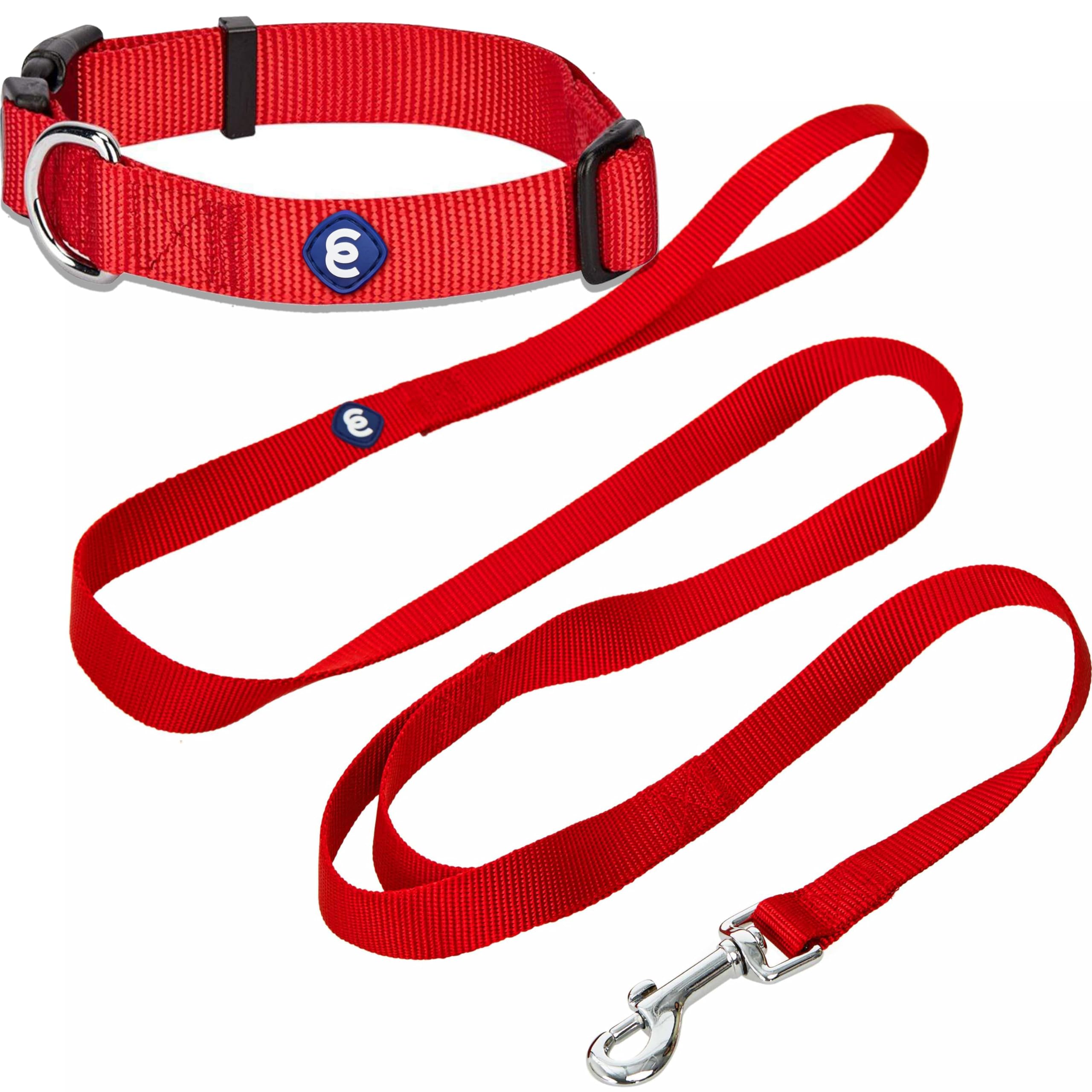 Blueberry Pet Essentials Matching Dog Collar and Double Handle Leash Set in Rouge Red, Adjustable Classic Solid Color Nylon Collar with 4 ft Leash for