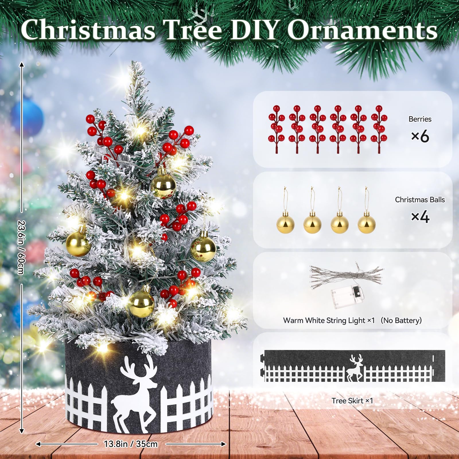 Sapin de Noël Neige Artificiel 60cm avec Lumières LED, Sapin Enneigé Flocké Blanc avec Décorations (Boules, Baies, Jupe), Petit Sapin de Noël pour Table et Bureau, Décoration d'Intérieur Maison Cadeau