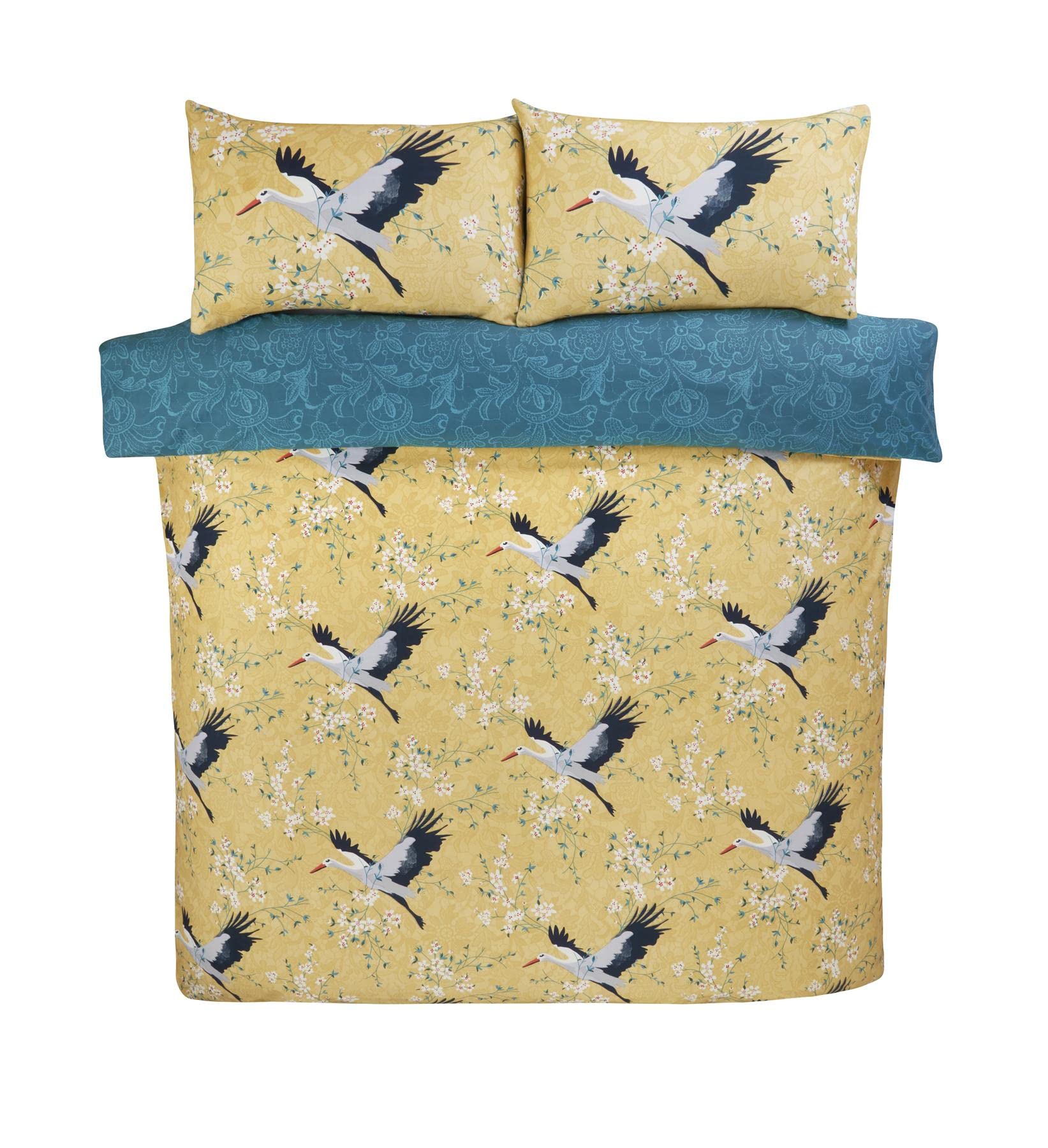 Rapport Home Cranes Duvet Set King - Ochre Yellow - 100% Polyester - Non Iron