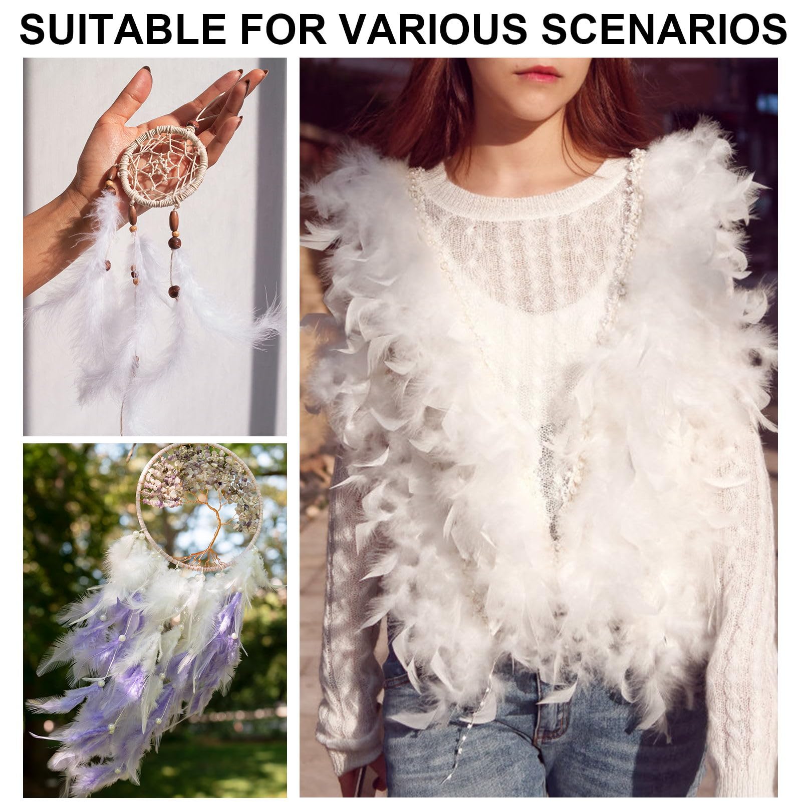 MWOOT 300 Pièces Plumes Naturelles, Plumes Decoration Blanches Noires Rose 15 20cm Plumes Colorees Loisirs Creatifs 3 Couleurs Artisanat Plumes Pour Attrape Reves Decoration Paques Guirlande Noel