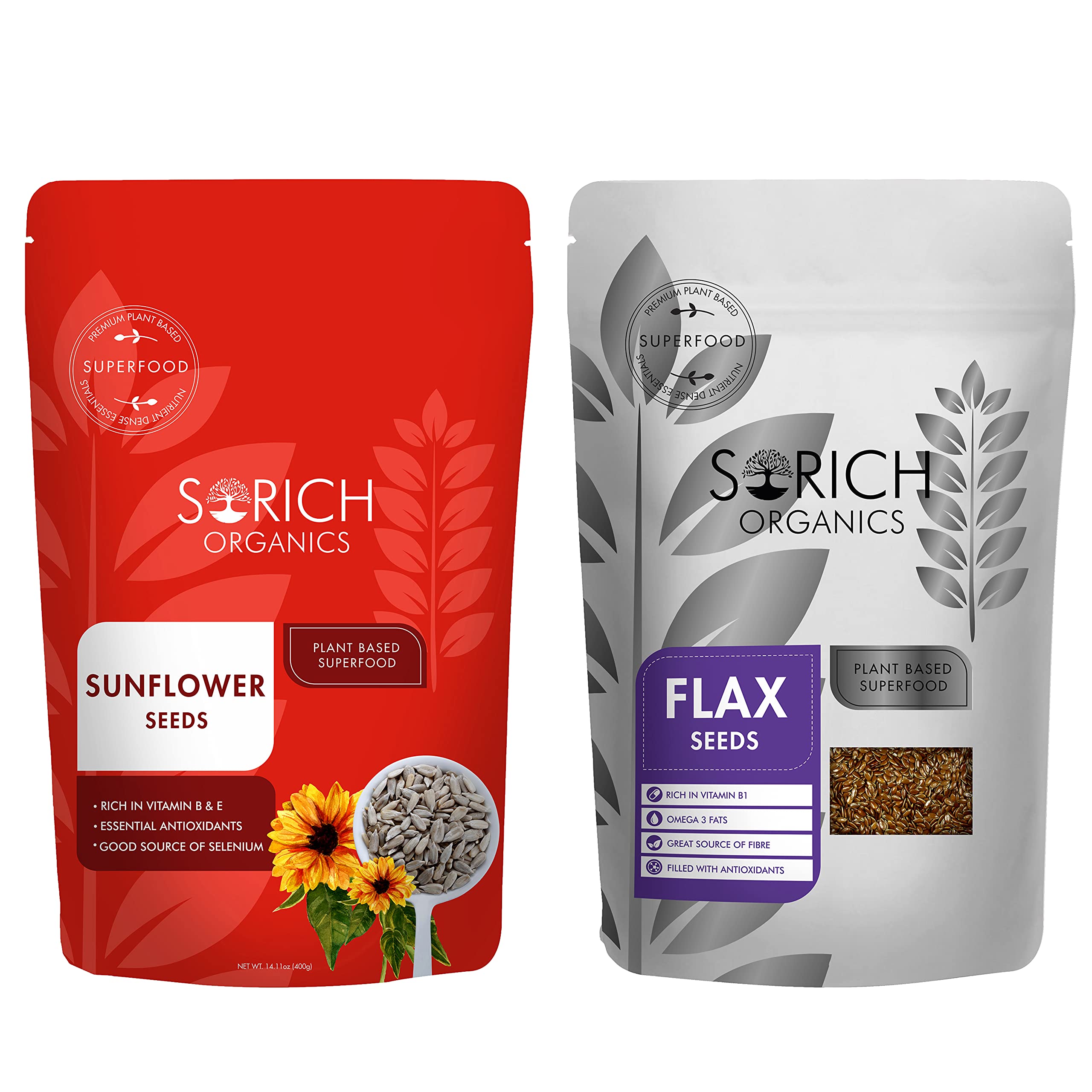 Sorich Organics Sunflower Seeds 400g + Flax Seeds 400g - Super Seed Combo 800g | Rich in Protein, Fiber & Omega-3 | Healthy Diet Snacks | Immunity & Hair Growth Support | Raw Seeds for Eating