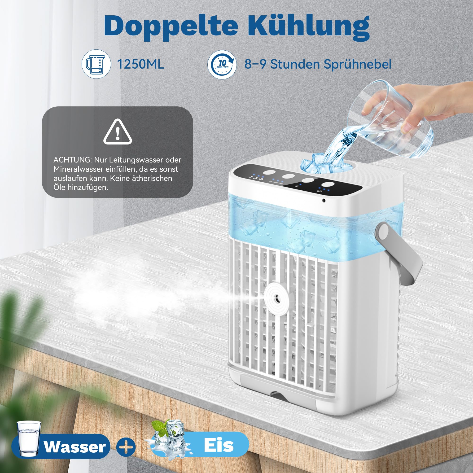 Mobile Klimaanlage 1250 ML, 4 In1 Mini Klimaanlage für Zimmer, Tragbare Mobile Klimagerät mit 1-3 H Timer, 7 Farben, 3 Geschwindigkeiten & 3 Nebelmodi, Leise Mini Luftkühler für Zuhause Büro Reisen