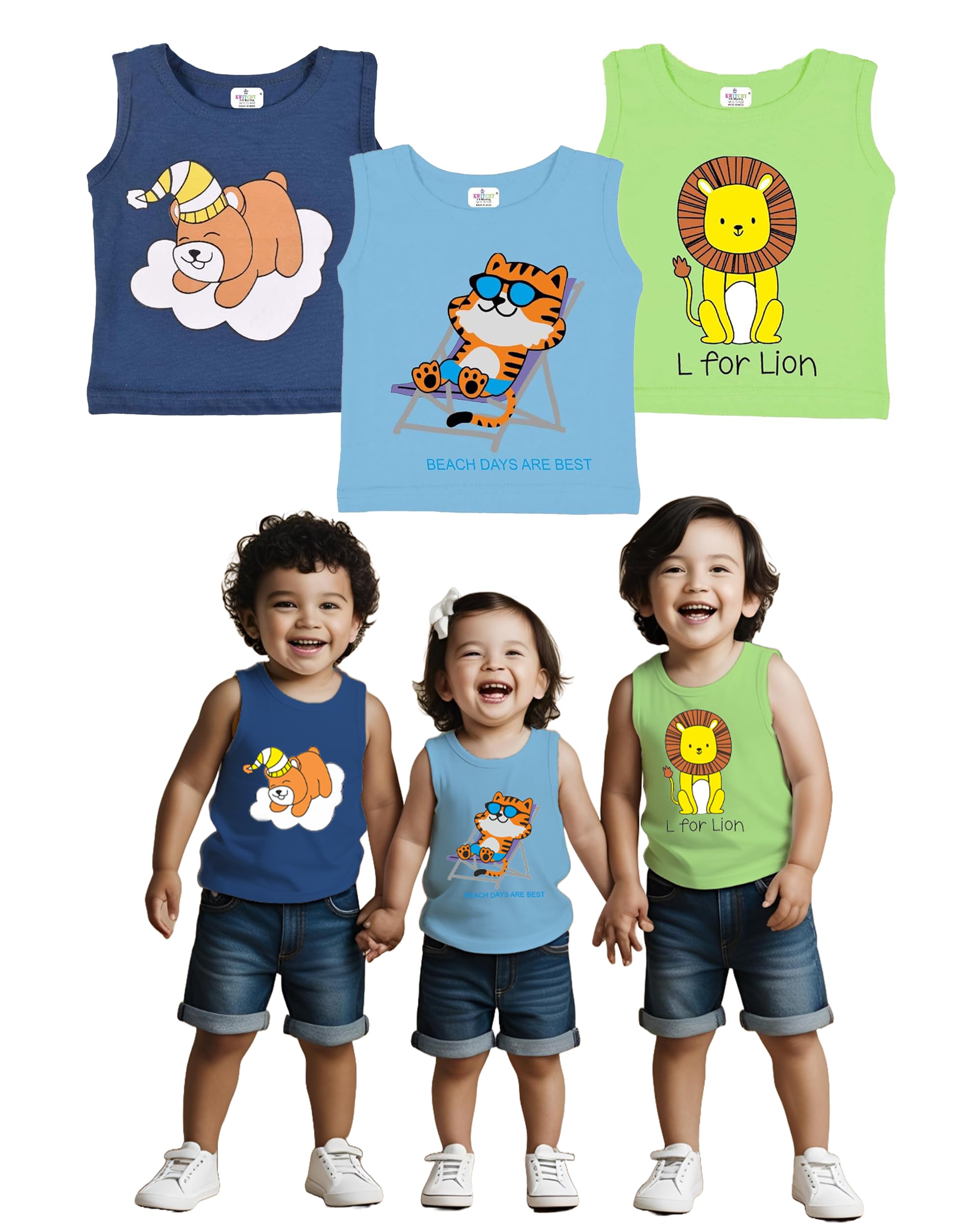 KwitchyBaby Boys & Girls Cotton T-Shirts Kids Regular Fit Tees | Casual Tops | Sleeveless Vest | Summer Tshirt (Tshirts Only) (Pack of 3)