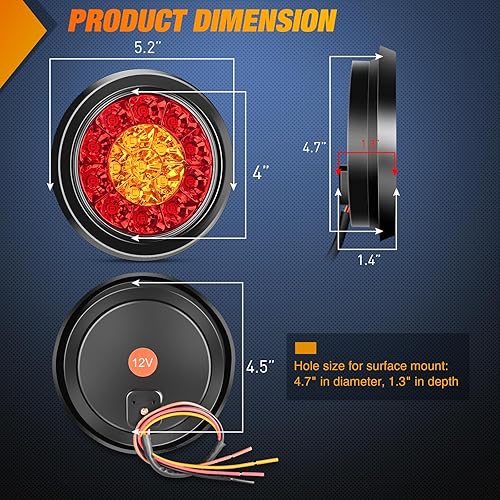 Miniatura 2 de Nilight 2 luces traseras LED redondas ámbar rojo de 4 pulgadas, 16 luces LED con ojales de montaje empotrado IP67, impermeable, señal de frenado,