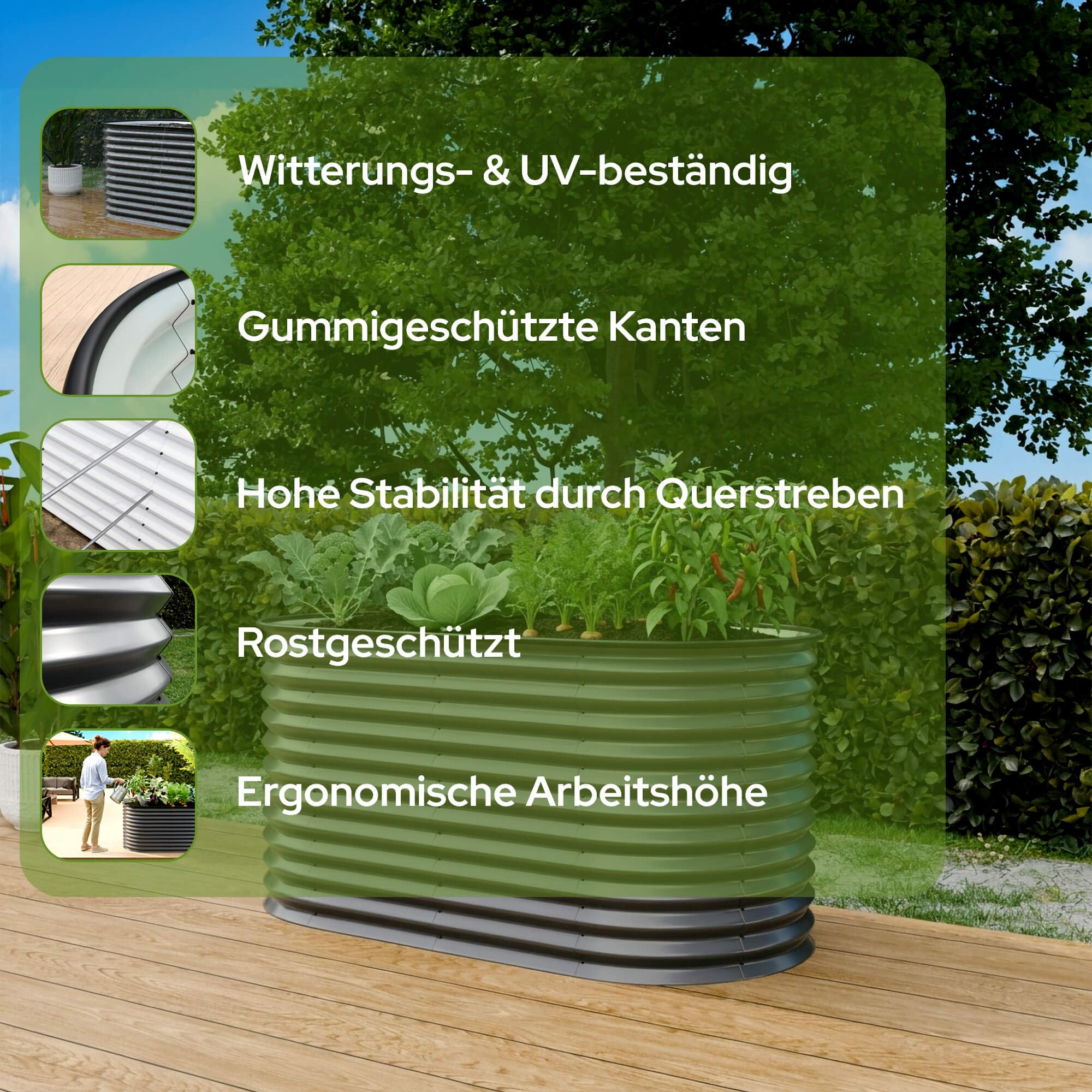 Arebos Hochbeet oval Metall 160x80x78 cm Anthrazit | Gartenbeet verzinkter Stahl rostfrei mit Gummikante 780 L, Stabil mit Querstreben | Gemüsebeet ideal für den Garten | für Gemüse, Kräuter & Blumen