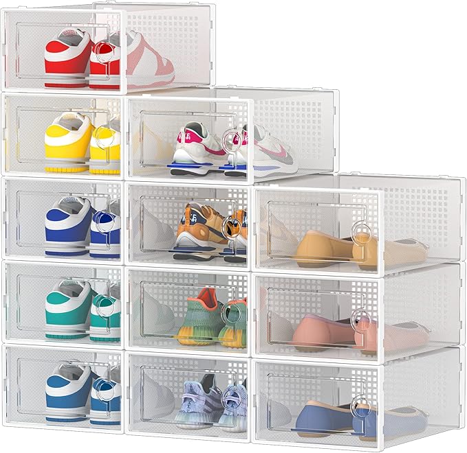 HOMIDEC 12 pcs Shoe Box, Shoe Storage Boxes Clear Plastic Stackable