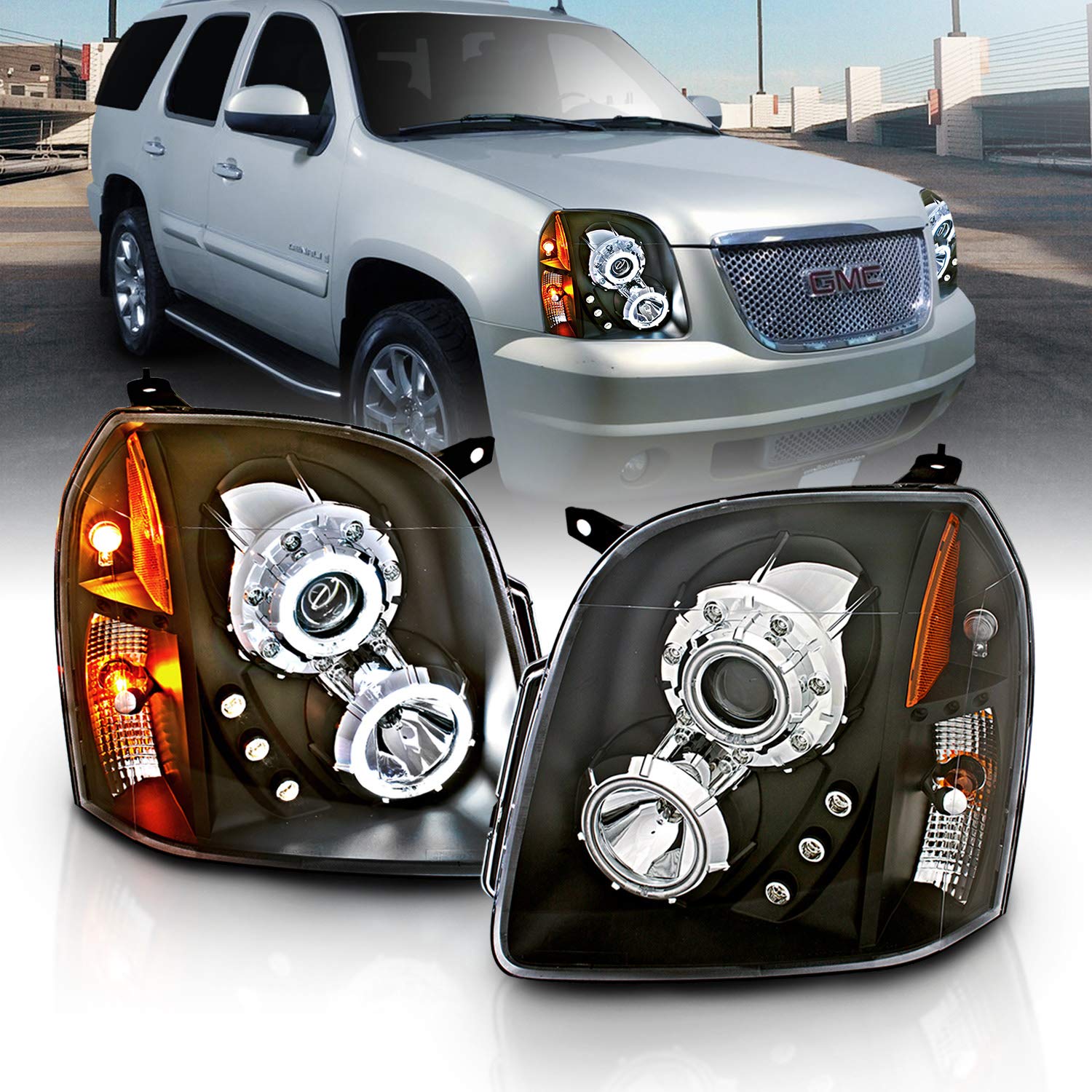 AmeriLite for 2007-2014 GMC Yukon/Yukon XL/Denali Xtreme LED Halo Black Projector Replacement Headlights Pair - Driver and Passenger Side