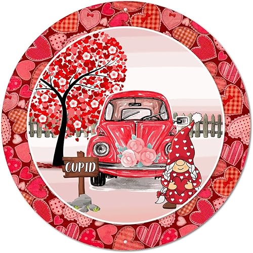 Letrero redondo de metal para el día de San Valentín camión gnomos y cupido letrero de corona de metal póster envejecido placa para decoración del