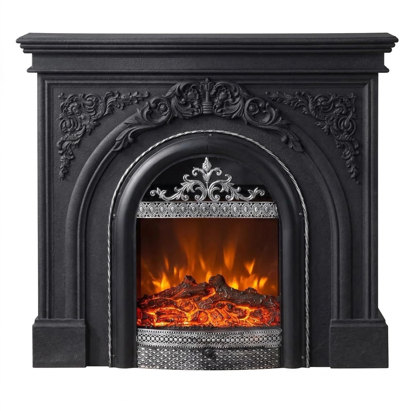 Mantels Surrounds French Vintage Decorative Electric Fireplace Mantel with Non-Heating Insert Decorated Frame(Black)