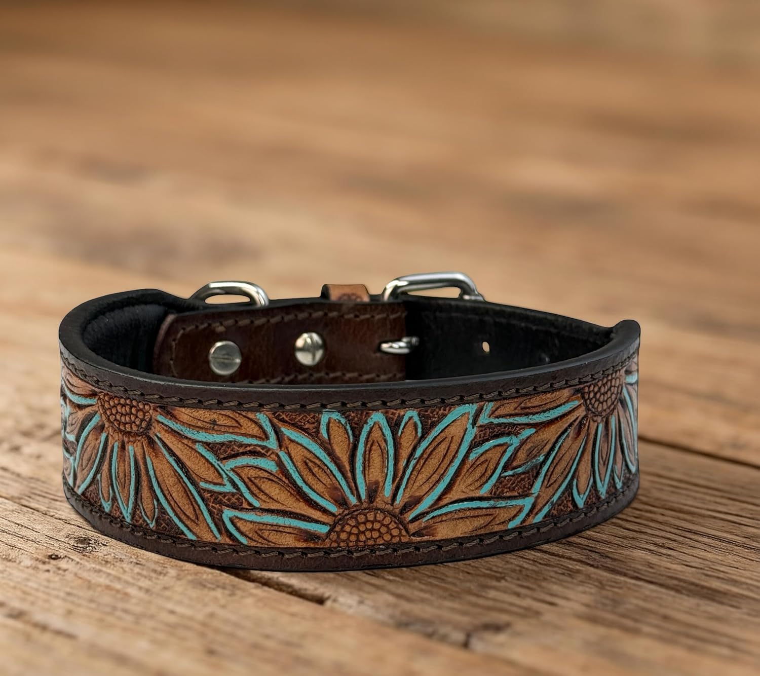 Genuine Leather Dog Puppy Collar Western Style Beaded Tooled Handmade Padded 1.5" Wide Full Grain Leather (XL (22"-25"))