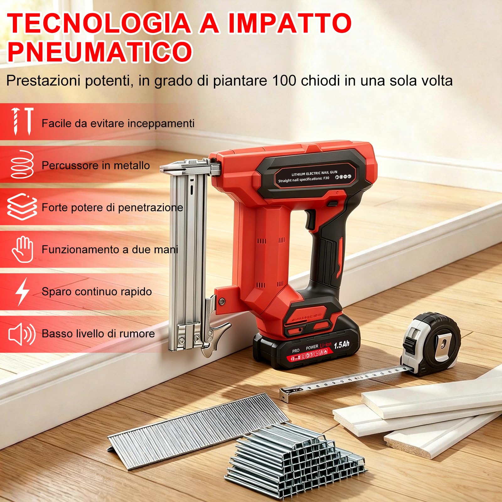 Chiodatrice Elettrica, 2 in 1 Chiodatrice e Graffettatrice con 500 Chiodi F30 e 500 Graffette Tipo 422, Chiodatrice a Batteria Senza Fili, per Vari Tipi di Legno, 1500mAh Batteries *2