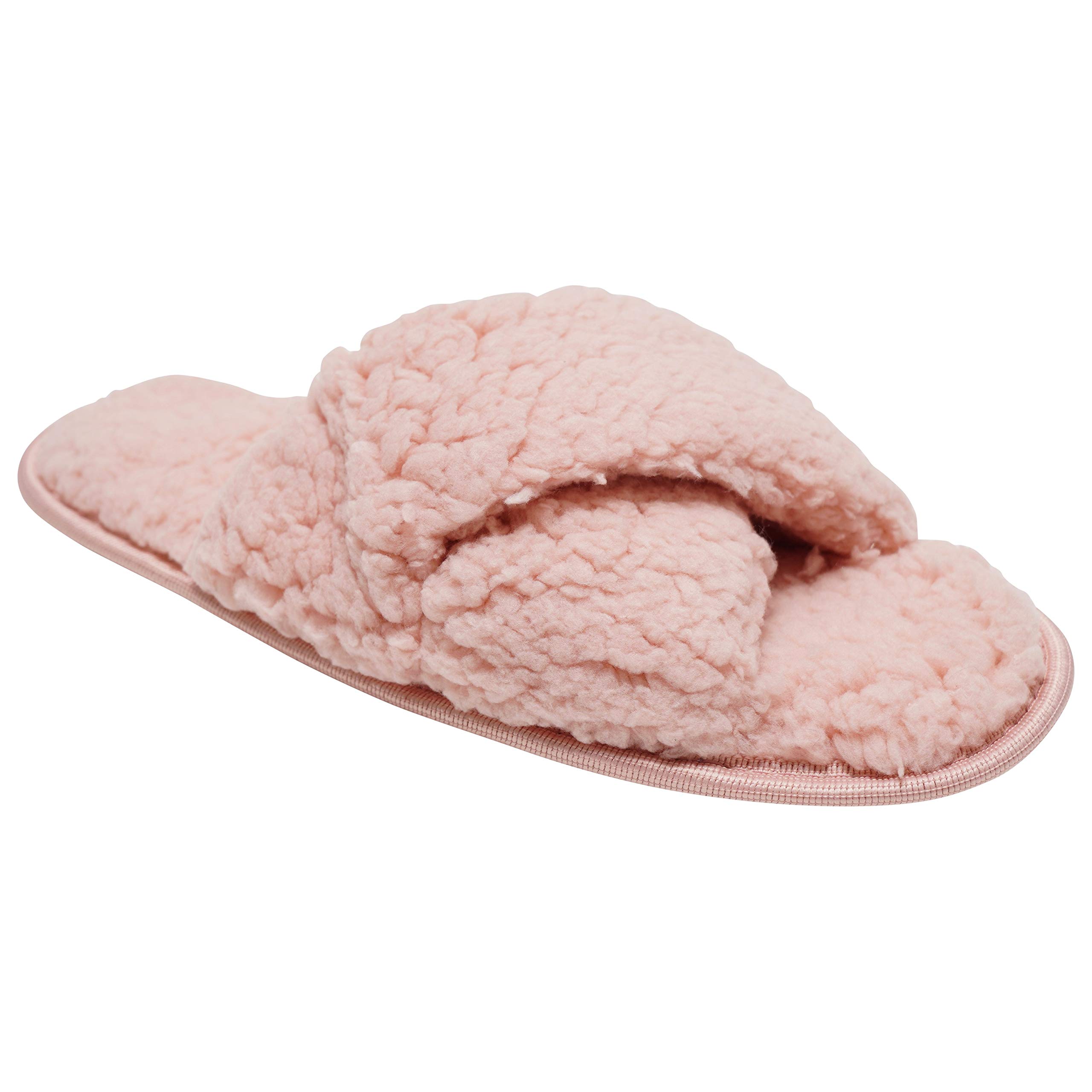LoungeableLadies Chunky Borg Fleece Cross Over Strap Slide Slippers (7-8, Pink, numeric_7)