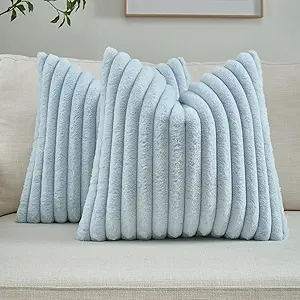 FUTEI Light Blue Striped Decorative Throw Pillow Covers 20x20 Inch Set of 2,Square Winter Decorations Couch Pillow Case,Soft Cozy Faux Rabbit Fur & Velvet Back,Modern Home Decor for Bed