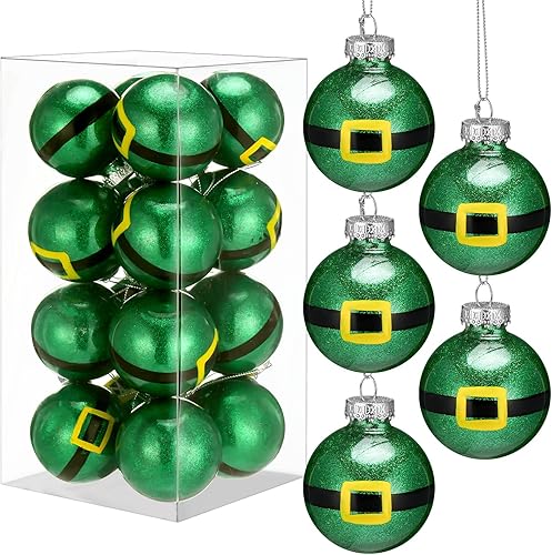 Soulchen 16 adornos de bola de Navidad de elfo de 2.36 pulgadas, bola colgante con purpurina inastillable, adorno de árbol de elfo verde, decoración