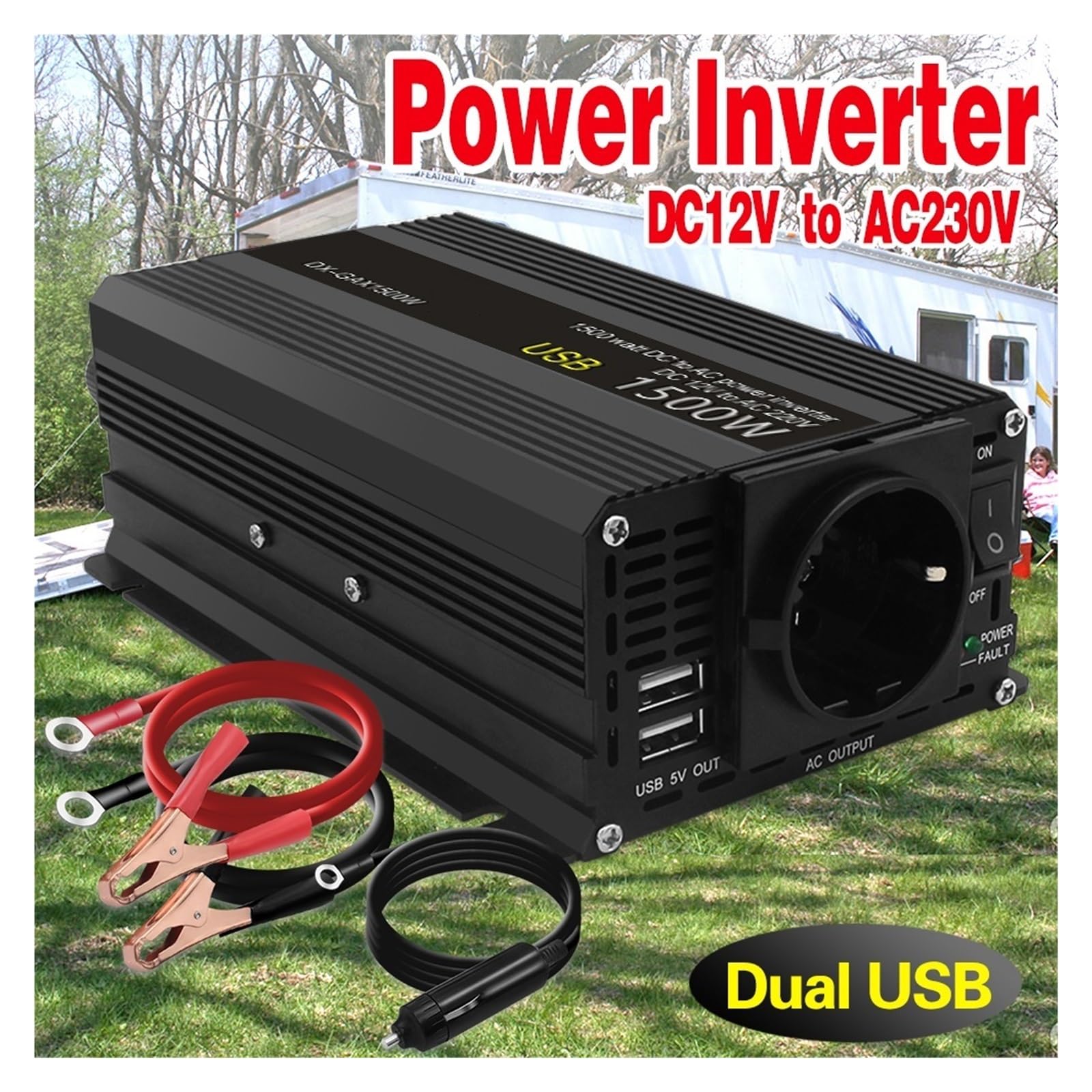 Falownik 12 V 50 HZ 1500 W Moc Szczytowa Samochodowy 2 Gniazda USB AC Przetwornica Mocy Bezpieczne Niezawodne Wszechstronne Zastosowanie