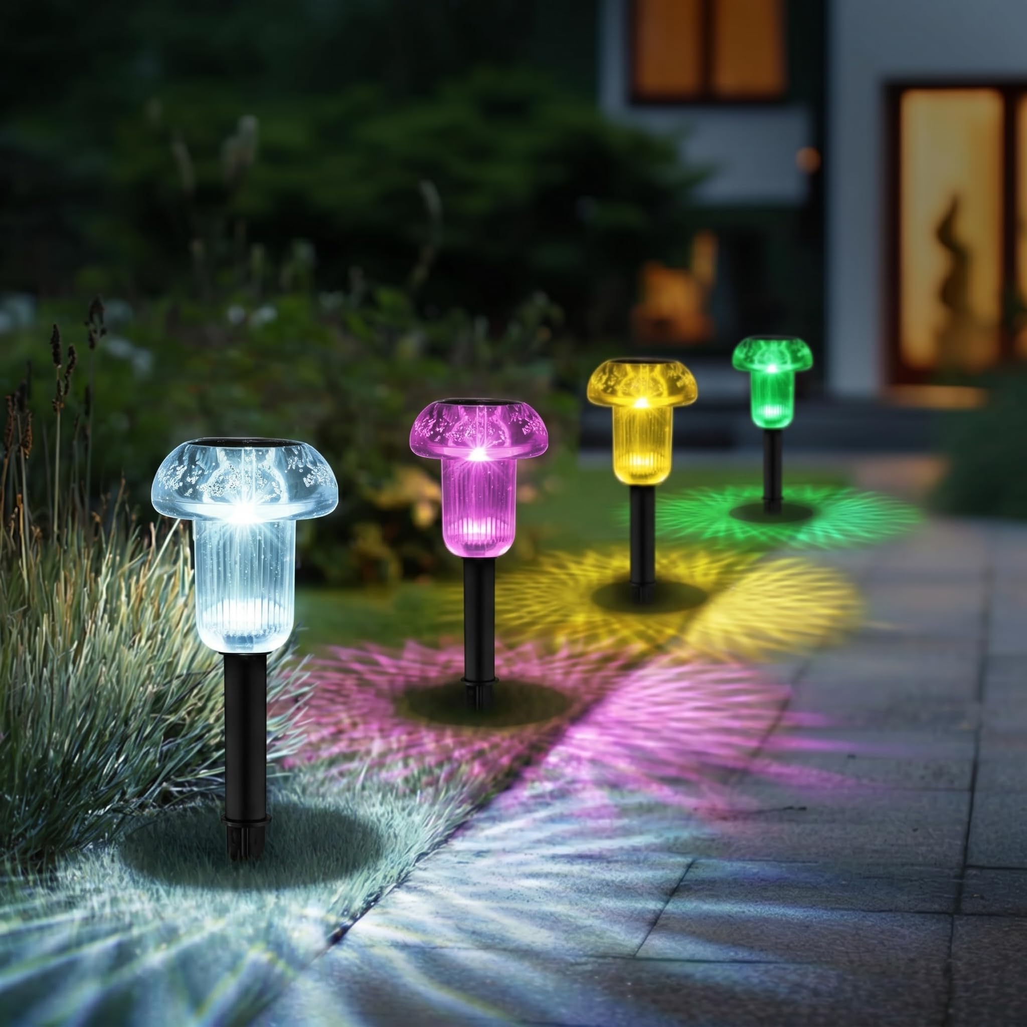 Xarizon Multi-Colour Mushroom Solar Lights Outdoor, 4 Pack Decorative LED Garden Lights with Colourful Mandala Projection for Pathway & Patio Decor, Waterproof Solar Lights — image 1