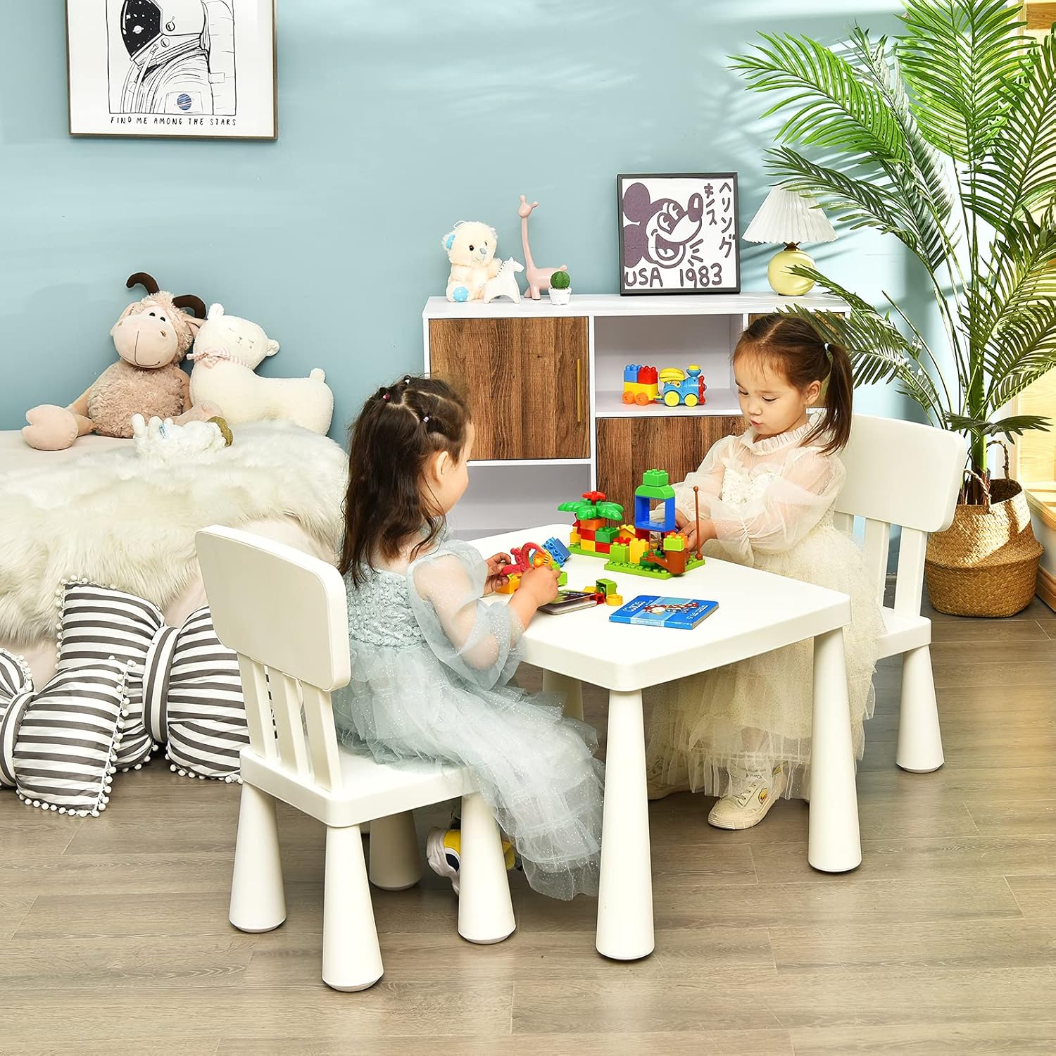Costzon Kids Table and Chairs, 3 Piece Plastic Easy Clean Children Activity Desk for Reading, Drawing, Snack Time, Arts Crafts, Preschool, Kindergarten & Playroom, Toddler Table and Chair Set (White)