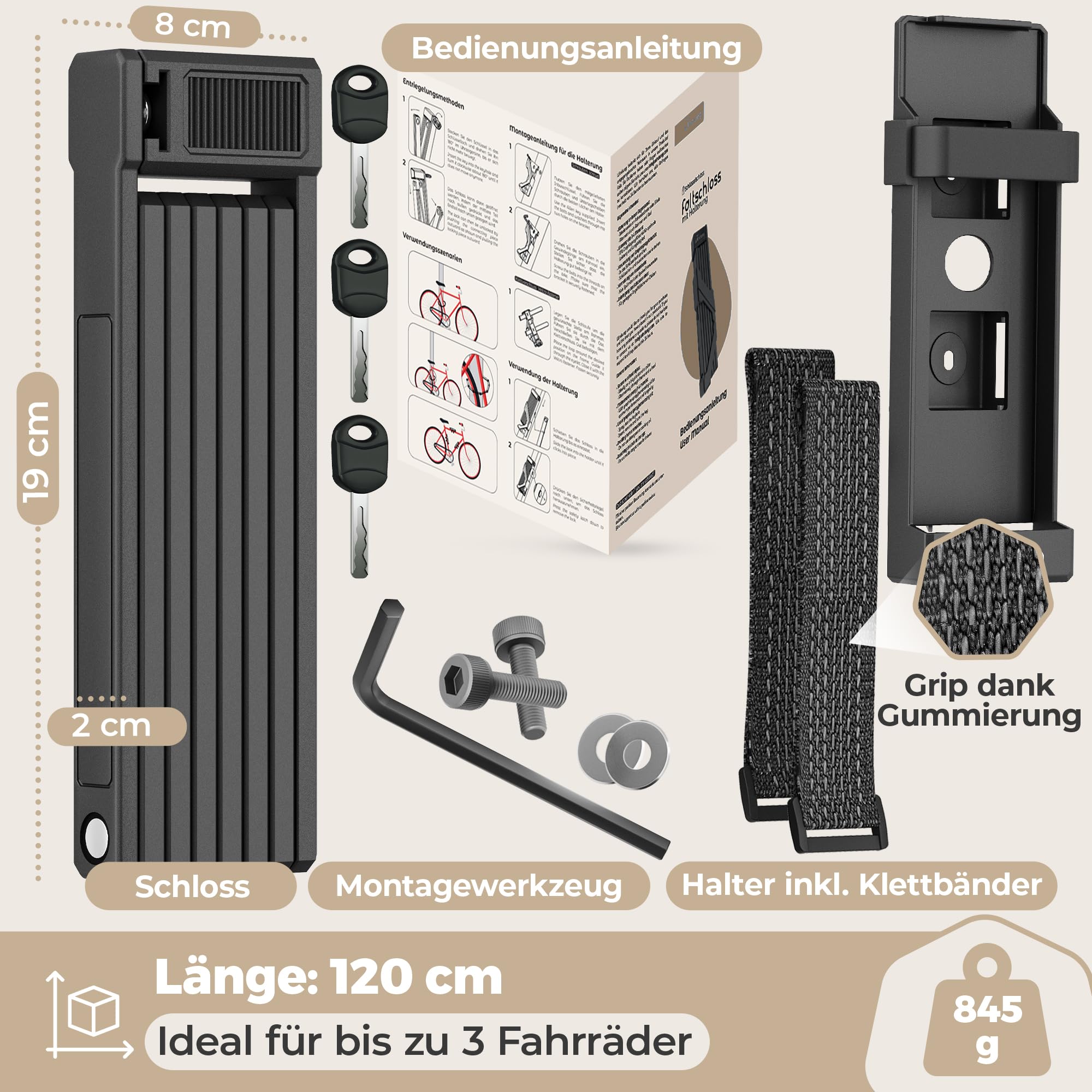 Fahrradschloss hohe Sicherheit Faltschloss Fahrrad 120cm 3 Schlüssel inkl. Halterung sh, Schloss für E-Bike, Gravelbike & Rennrad, extrem sicher, Sicherheitsstufe 10-15 Faltschlösser bike lock